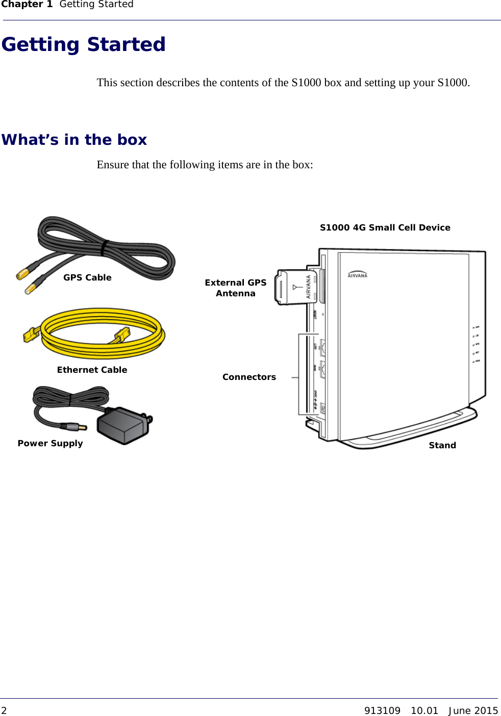Chapter 1   Getting Started 2913109   10.01   June 2015DRAFTGetting StartedThis section describes the contents of the S1000 box and setting up your S1000. What’s in the boxEnsure that the following items are in the box:S1000 4G Small Cell DeviceGPS CableEthernet CablePower SupplyExternal GPS AntennaConnectorsStand