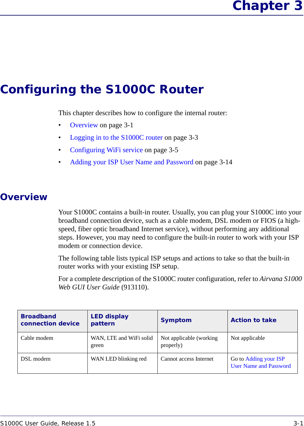 S1000C User Guide, Release 1.5 3-1DRAFT Chapter 3Configuring the S1000C RouterThis chapter describes how to configure the internal router:•Overview on page 3-1•Logging in to the S1000C router on page 3-3•Configuring WiFi service on page 3-5•Adding your ISP User Name and Password on page 3-14OverviewYour S1000C contains a built-in router. Usually, you can plug your S1000C into your broadband connection device, such as a cable modem, DSL modem or FIOS (a high-speed, fiber optic broadband Internet service), without performing any additional steps. However, you may need to configure the built-in router to work with your ISP modem or connection device.The following table lists typical ISP setups and actions to take so that the built-in router works with your existing ISP setup.For a complete description of the S1000C router configuration, refer to Airvana S1000 Web GUI User Guide (913110).Broadband connection device LED display pattern Symptom Action to takeCable modem WAN, LTE and WiFi solid green Not applicable (working properly) Not applicableDSL modem WAN LED blinking red Cannot access Internet Go to Adding your ISP User Name and Password