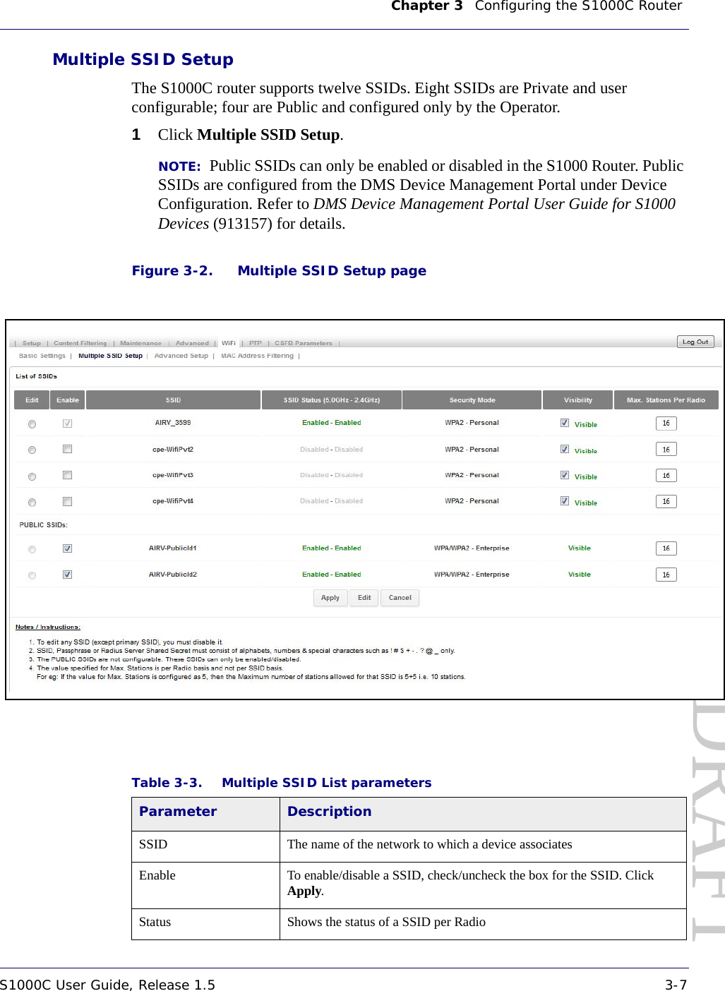 Chapter 3    Configuring the S1000C Router S1000C User Guide, Release 1.5 3-7DRAFTMultiple SSID SetupThe S1000C router supports twelve SSIDs. Eight SSIDs are Private and user configurable; four are Public and configured only by the Operator.1Click Multiple SSID Setup.NOTE:  Public SSIDs can only be enabled or disabled in the S1000 Router. Public SSIDs are configured from the DMS Device Management Portal under Device Configuration. Refer to DMS Device Management Portal User Guide for S1000 Devices (913157) for details.Figure 3-2. Multiple SSID Setup pageTable 3-3. Multiple SSID List parametersParameter DescriptionSSID  The name of the network to which a device associatesEnable  To enable/disable a SSID, check/uncheck the box for the SSID. Click Apply.Status Shows the status of a SSID per Radio