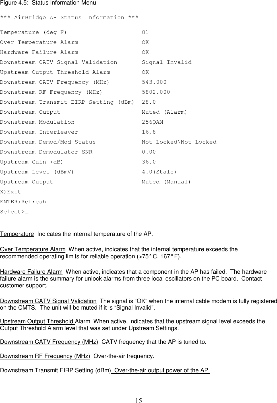  15Figure 4.5:  Status Information Menu    *** AirBridge AP Status Information *** Temperature (deg F)   81  Over Temperature Alarm   OK  Hardware Failure Alarm  OK Downstream CATV Signal Validation  Signal Invalid Upstream Output Threshold Alarm  OK Downstream CATV Frequency (MHz)   543.000  Downstream RF Frequency (MHz)   5802.000  Downstream Transmit EIRP Setting (dBm) 28.0  Downstream Output   Muted (Alarm) Downstream Modulation  256QAM Downstream Interleaver  16,8 Downstream Demod/Mod Status  Not Locked\Not Locked Downstream Demodulator SNR  0.00 Upstream Gain (dB)   36.0 Upstream Level (dBmV)  4.0(Stale) Upstream Output    Muted (Manual) X)Exit   ENTER)Refresh   Select>_     Temperature  Indicates the internal temperature of the AP.   Over Temperature Alarm  When active, indicates that the internal temperature exceeds the recommended operating limits for reliable operation (>75&deg; C, 167&deg; F).   Hardware Failure Alarm  When active, indicates that a component in the AP has failed.  The hardware failure alarm is the summary for unlock alarms from three local oscillators on the PC board.  Contact customer support.   Downstream CATV Signal Validation  The signal is &ldquo;OK&rdquo; when the internal cable modem is fully registered on the CMTS.  The unit will be muted if it is &ldquo;Signal Invalid&rdquo;.  Upstream Output Threshold Alarm  When active, indicates that the upstream signal level exceeds the Output Threshold Alarm level that was set under Upstream Settings.   Downstream CATV Frequency (MHz)  CATV frequency that the AP is tuned to.  Downstream RF Frequency (MHz)  Over-the-air frequency.  Downstream Transmit EIRP Setting (dBm)  Over-the-air output power of the AP.  