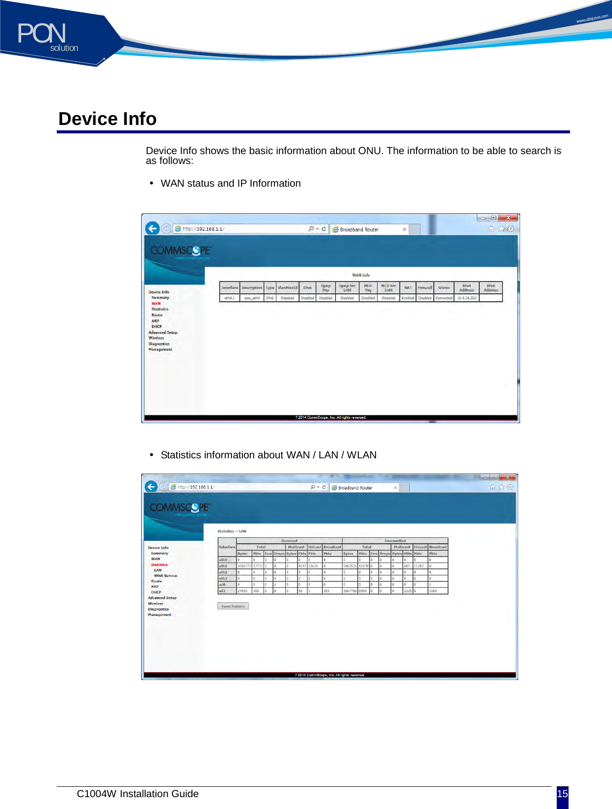 solutionPON C1004W Installation Guide 15   Device Info Device Info shows the basic information about ONU. The information to be able to search is as follows:    WAN status and IP Information             Statistics information about WAN / LAN / WLAN          