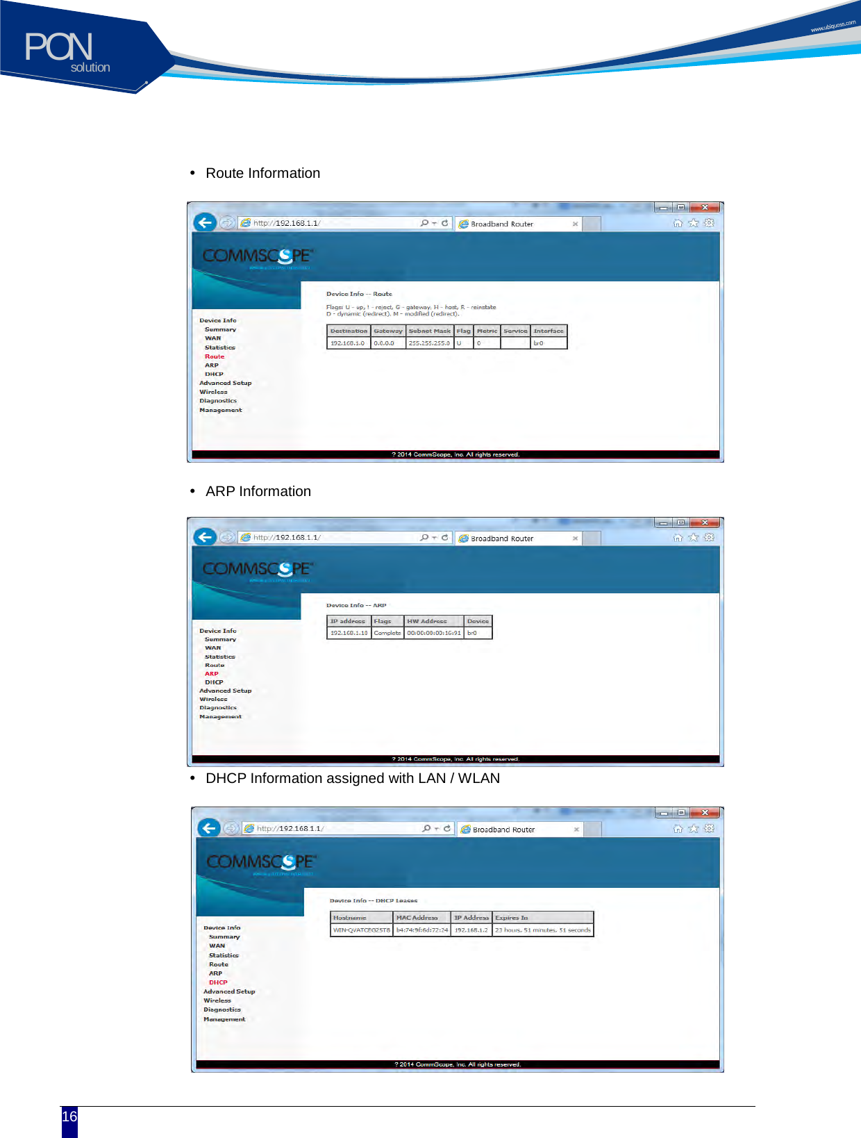 solutionPON  16   Route Information           ARP Information          DHCP Information assigned with LAN / WLAN           