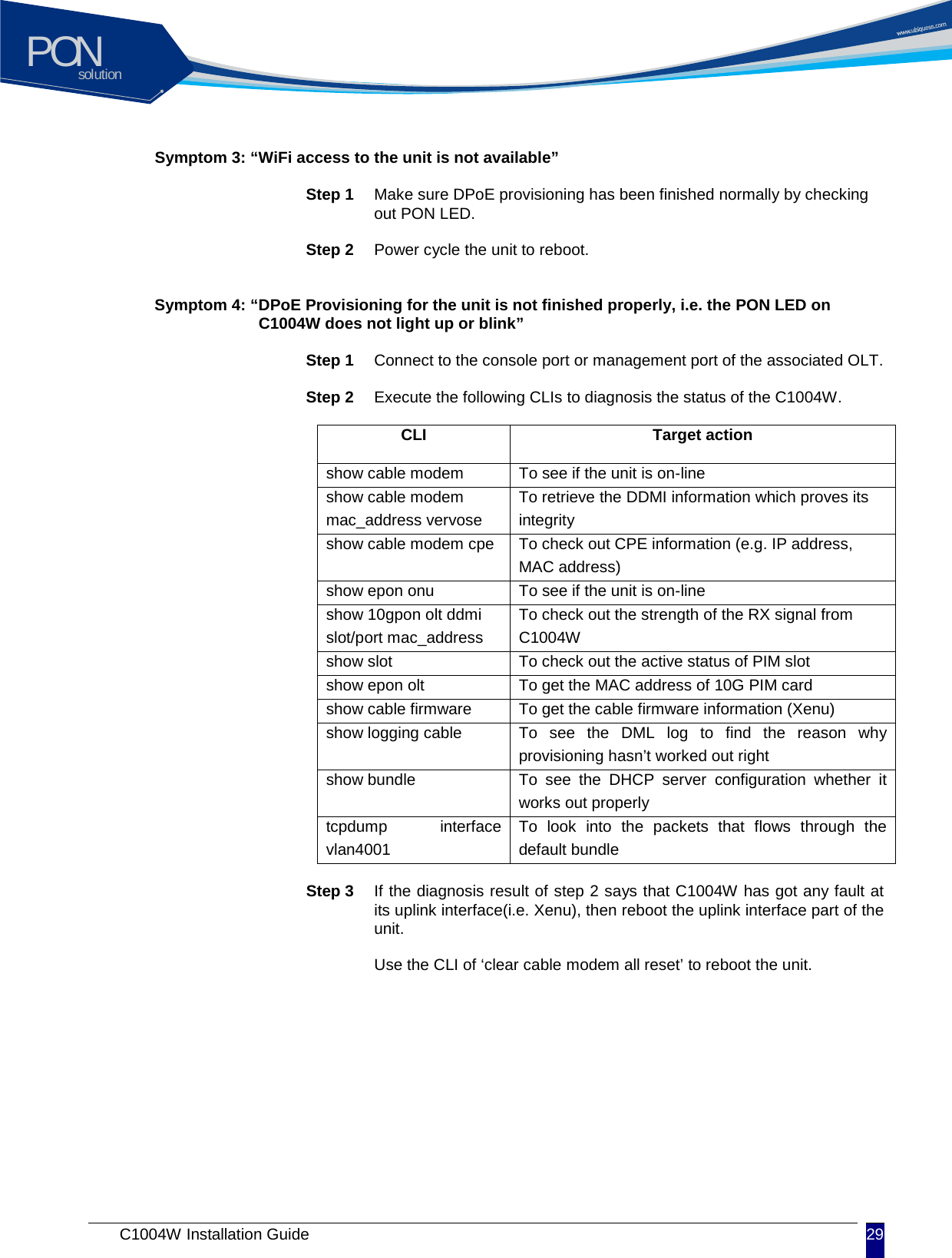 solutionPON C1004W Installation Guide 29   Symptom 3: &ldquo;WiFi access to the unit is not available&rdquo;  Step 1 Make sure DPoE provisioning has been finished normally by checking out PON LED.    Step 2 Power cycle the unit to reboot.       Symptom 4: &ldquo;DPoE Provisioning for the unit is not finished properly, i.e. the PON LED on         C1004W does not light up or blink&rdquo;  Step 1 Connect to the console port or management port of the associated OLT.    Step 2 Execute the following CLIs to diagnosis the status of the C1004W.      CLI Target action show cable modem To see if the unit is on-line show cable modem mac_address vervose To retrieve the DDMI information which proves its integrity show cable modem cpe To check out CPE information (e.g. IP address, MAC address) show epon onu To see if the unit is on-line show 10gpon olt ddmi slot/port mac_address To check out the strength of the RX signal from C1004W show slot To check out the active status of PIM slot show epon olt To get the MAC address of 10G PIM card show cable firmware To get the cable firmware information (Xenu) show logging cable To see the DML log to find the reason why provisioning hasn&rsquo;t worked out right show bundle To see the DHCP  server  configuration whether it works out properly tcpdump interface vlan4001 To look into the packets that flows through the default bundle    Step 3 If the diagnosis result of step 2 says that C1004W has got any fault at its uplink interface(i.e. Xenu), then reboot the uplink interface part of the unit.     Use the CLI of &lsquo;clear cable modem all reset&rsquo; to reboot the unit.    