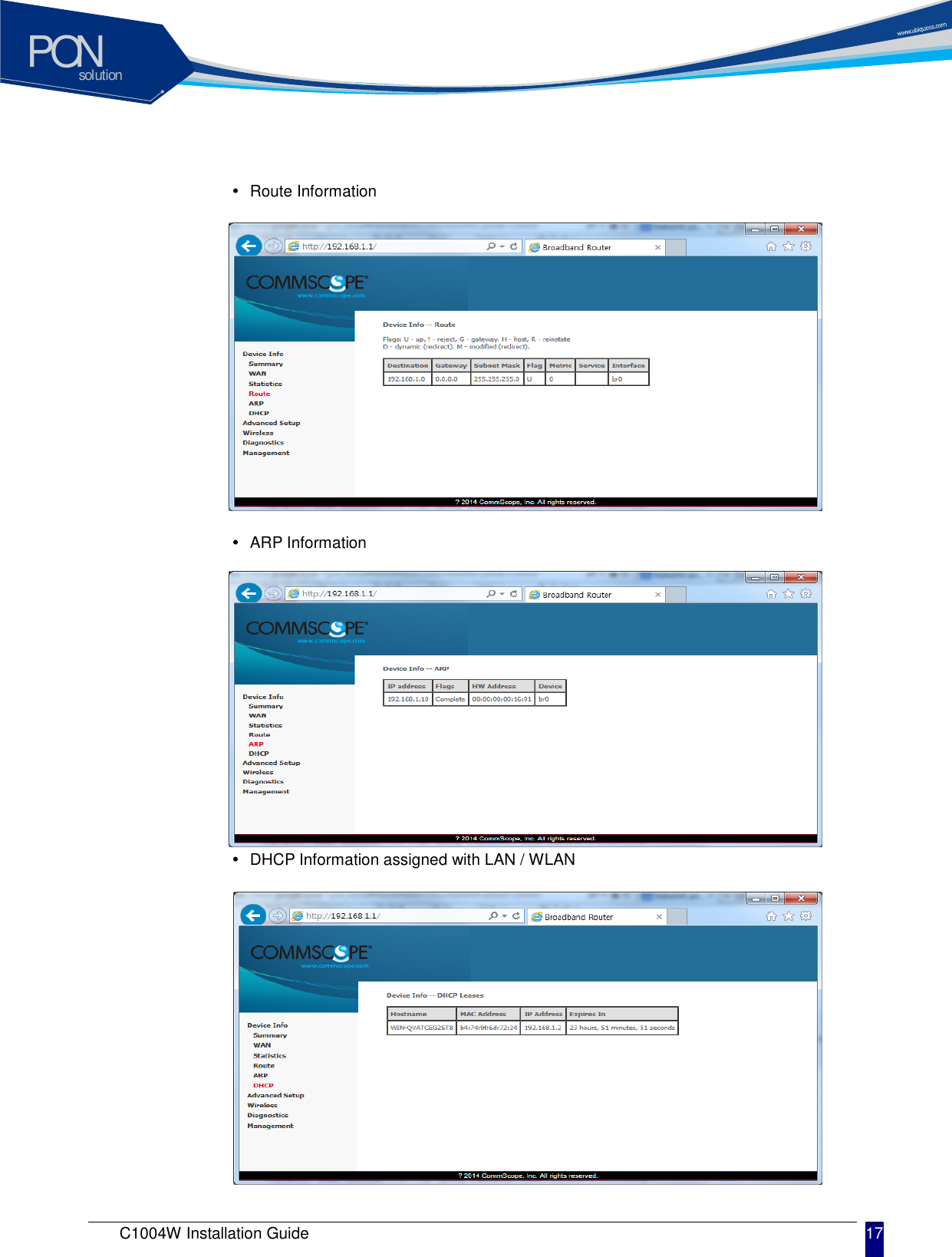 solutionPON C1004W Installation Guide 17      Route Information           ARP Information           DHCP Information assigned with LAN / WLAN           