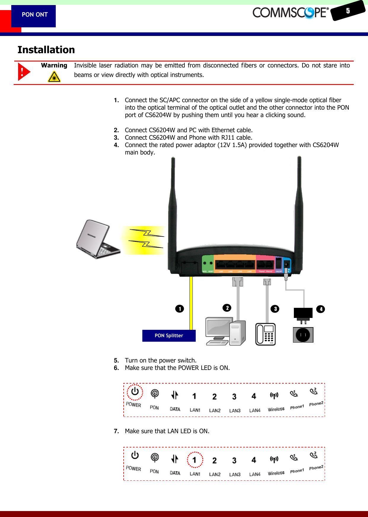    5  PON ONT Installation  Warning  Invisible laser  radiation  may be emitted from  disconnected  fibers  or  connectors.  Do  not stare  into beams or view directly with optical instruments.  1. Connect the SC/APC connector on the side of a yellow single-mode optical fiber into the optical terminal of the optical outlet and the other connector into the PON port of CS6204W by pushing them until you hear a clicking sound.  2. Connect CS6204W and PC with Ethernet cable. 3. Connect CS6204W and Phone with RJ11 cable. 4. Connect the rated power adaptor (12V 1.5A) provided together with CS6204W main body.                   5. Turn on the power switch. 6. Make sure that the POWER LED is ON.      7. Make sure that LAN LED is ON.     PON Splitter 1 2 3 4 
