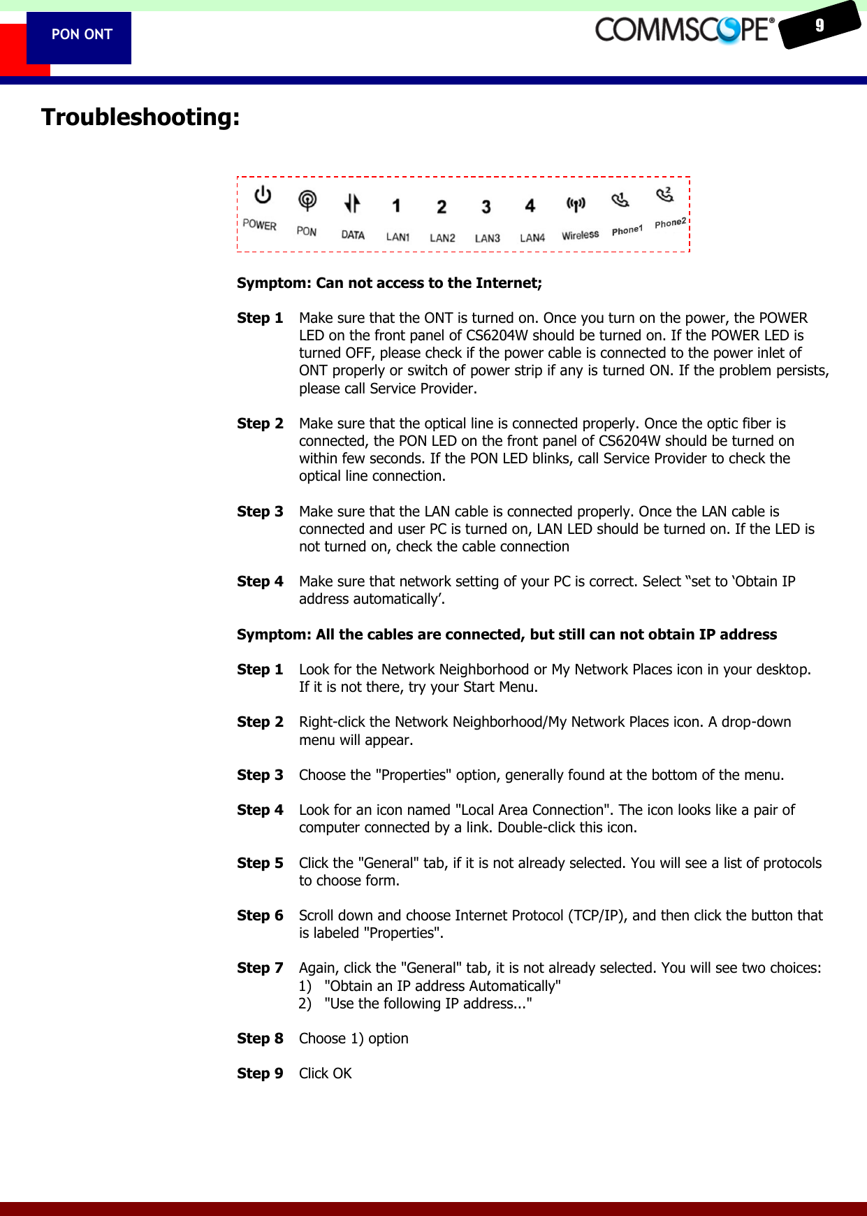   9  PON ONT Troubleshooting:       Symptom: Can not access to the Internet;  Step 1  Make sure that the ONT is turned on. Once you turn on the power, the POWER LED on the front panel of CS6204W should be turned on. If the POWER LED is turned OFF, please check if the power cable is connected to the power inlet of ONT properly or switch of power strip if any is turned ON. If the problem persists, please call Service Provider.  Step 2  Make sure that the optical line is connected properly. Once the optic fiber is connected, the PON LED on the front panel of CS6204W should be turned on within few seconds. If the PON LED blinks, call Service Provider to check the optical line connection.  Step 3  Make sure that the LAN cable is connected properly. Once the LAN cable is connected and user PC is turned on, LAN LED should be turned on. If the LED is not turned on, check the cable connection      Step 4  Make sure that network setting of your PC is correct. Select &ldquo;set to &lsquo;Obtain IP address automatically&rsquo;.     Symptom: All the cables are connected, but still can not obtain IP address  Step 1  Look for the Network Neighborhood or My Network Places icon in your desktop. If it is not there, try your Start Menu.  Step 2  Right-click the Network Neighborhood/My Network Places icon. A drop-down menu will appear.  Step 3  Choose the "Properties" option, generally found at the bottom of the menu.  Step 4  Look for an icon named "Local Area Connection". The icon looks like a pair of computer connected by a link. Double-click this icon.  Step 5  Click the "General" tab, if it is not already selected. You will see a list of protocols to choose form.  Step 6  Scroll down and choose Internet Protocol (TCP/IP), and then click the button that is labeled "Properties".  Step 7  Again, click the "General" tab, it is not already selected. You will see two choices: 1) "Obtain an IP address Automatically" 2) "Use the following IP address..."  Step 8  Choose 1) option  Step 9  Click OK  
