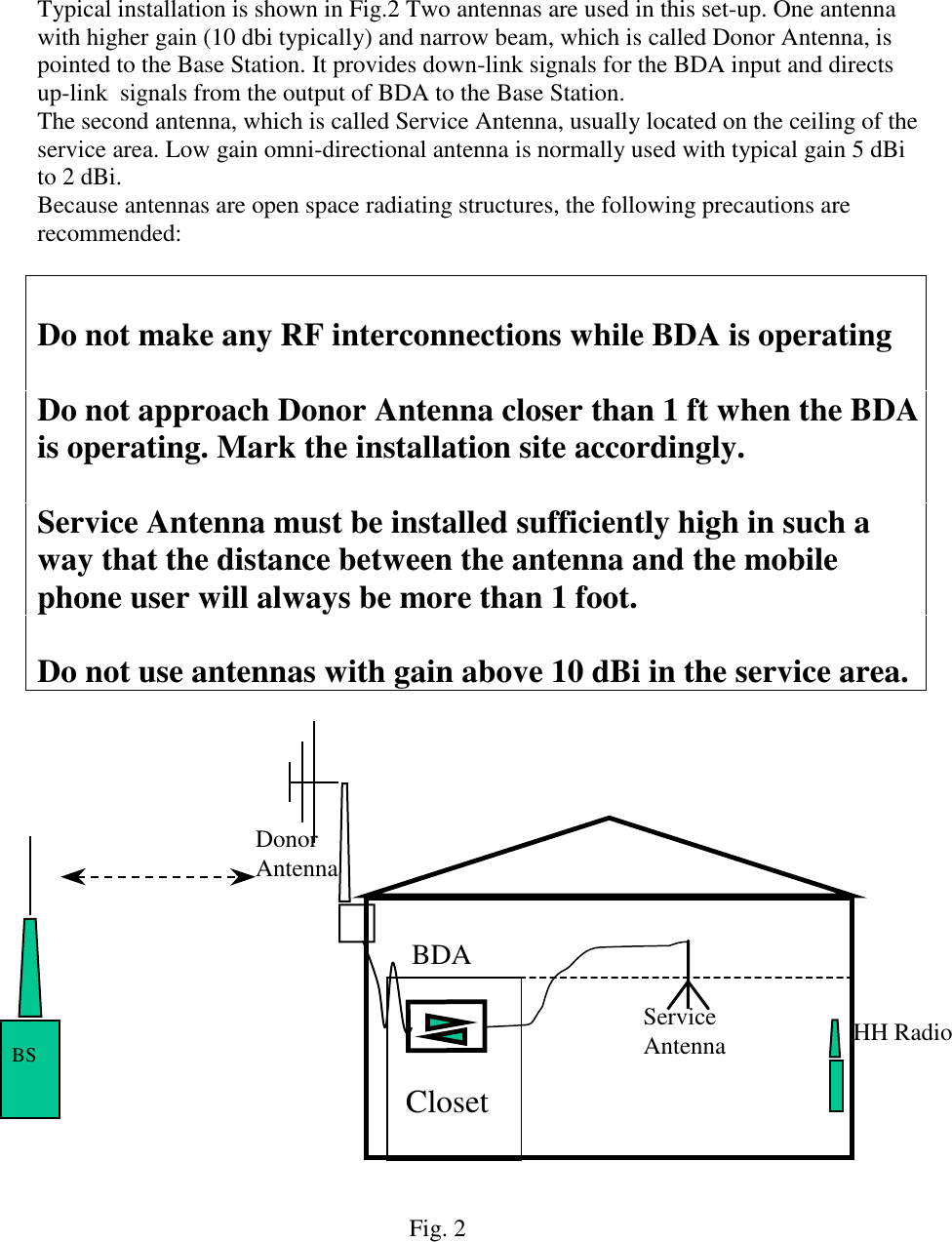 Typical installation is shown in Fig.2 Two antennas are used in this set-up. One antennawith higher gain (10 dbi typically) and narrow beam, which is called Donor Antenna, ispointed to the Base Station. It provides down-link signals for the BDA input and directsup-link  signals from the output of BDA to the Base Station.The second antenna, which is called Service Antenna, usually located on the ceiling of theservice area. Low gain omni-directional antenna is normally used with typical gain 5 dBito 2 dBi.Because antennas are open space radiating structures, the following precautions arerecommended:Do not make any RF interconnections while BDA is operatingDo not approach Donor Antenna closer than 1 ft when the BDAis operating. Mark the installation site accordingly.Service Antenna must be installed sufficiently high in such away that the distance between the antenna and the mobilephone user will always be more than 1 foot.Do not use antennas with gain above 10 dBi in the service area.                                                             Fig. 2BS HH RadioDonorAntenna  ClosetBDAServiceAntenna