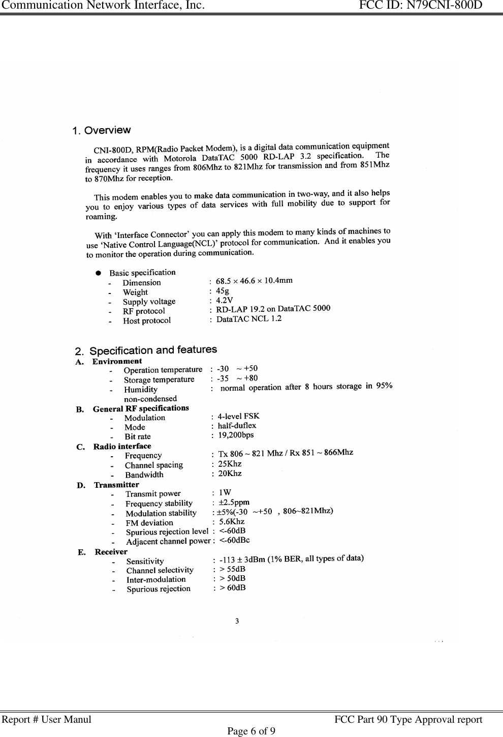 Communication Network Interface, Inc. FCC ID: N79CNI-800DReport # User Manul FCC Part 90 Type Approval reportPage 6 of 9