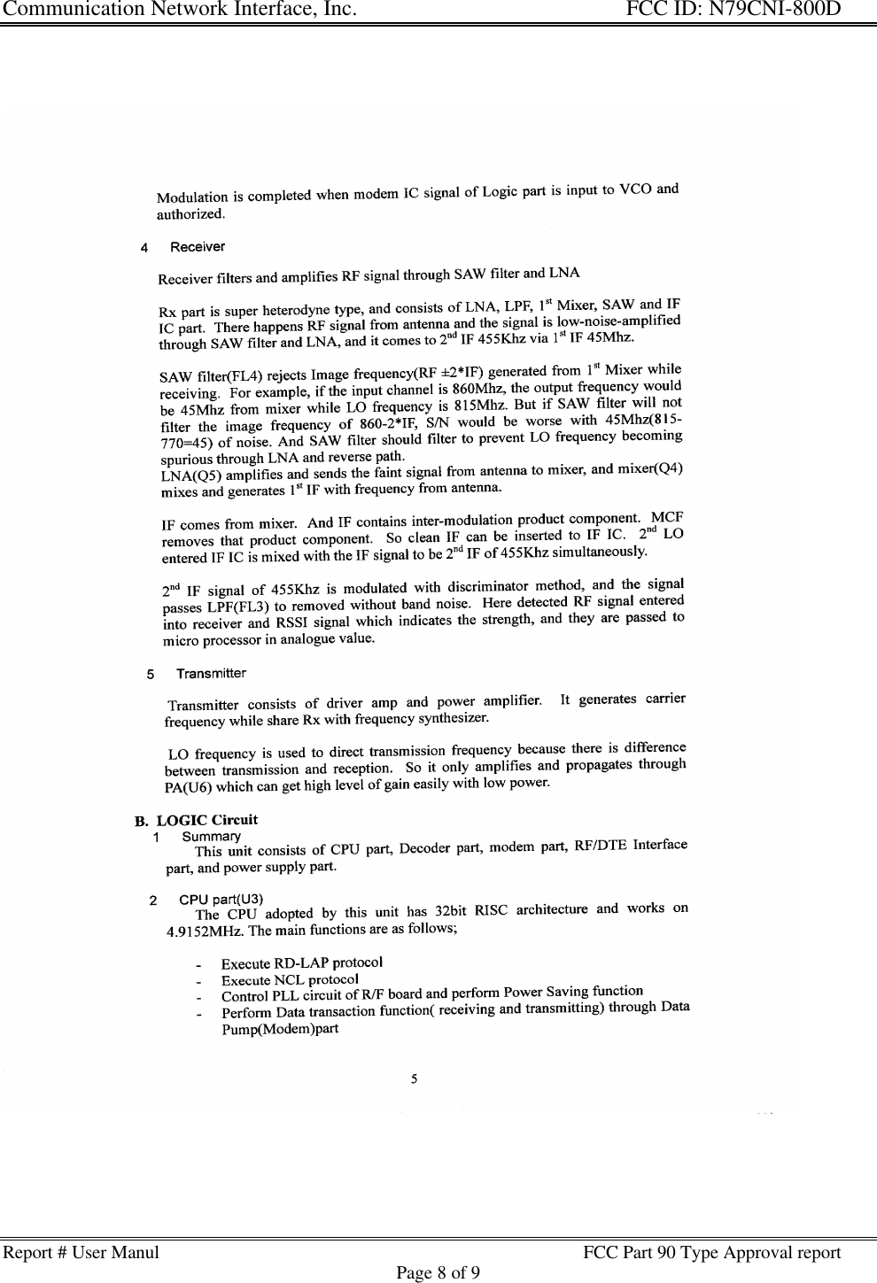 Communication Network Interface, Inc. FCC ID: N79CNI-800DReport # User Manul FCC Part 90 Type Approval reportPage 8 of 9