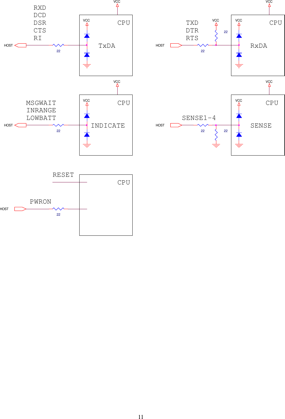 11MSGWAITTxDA22VCCHOSTCPU22PWRONLOWBATTHOSTVCC VCCSENSE1-4 SENSERIHOSTVCCCPUCPUINRANGERTS22HOST HOSTVCC2222DSRRXDVCCVCCCPU DTRINDICATERxDA22VCCCPU22CTSVCCRESETDCD TXD