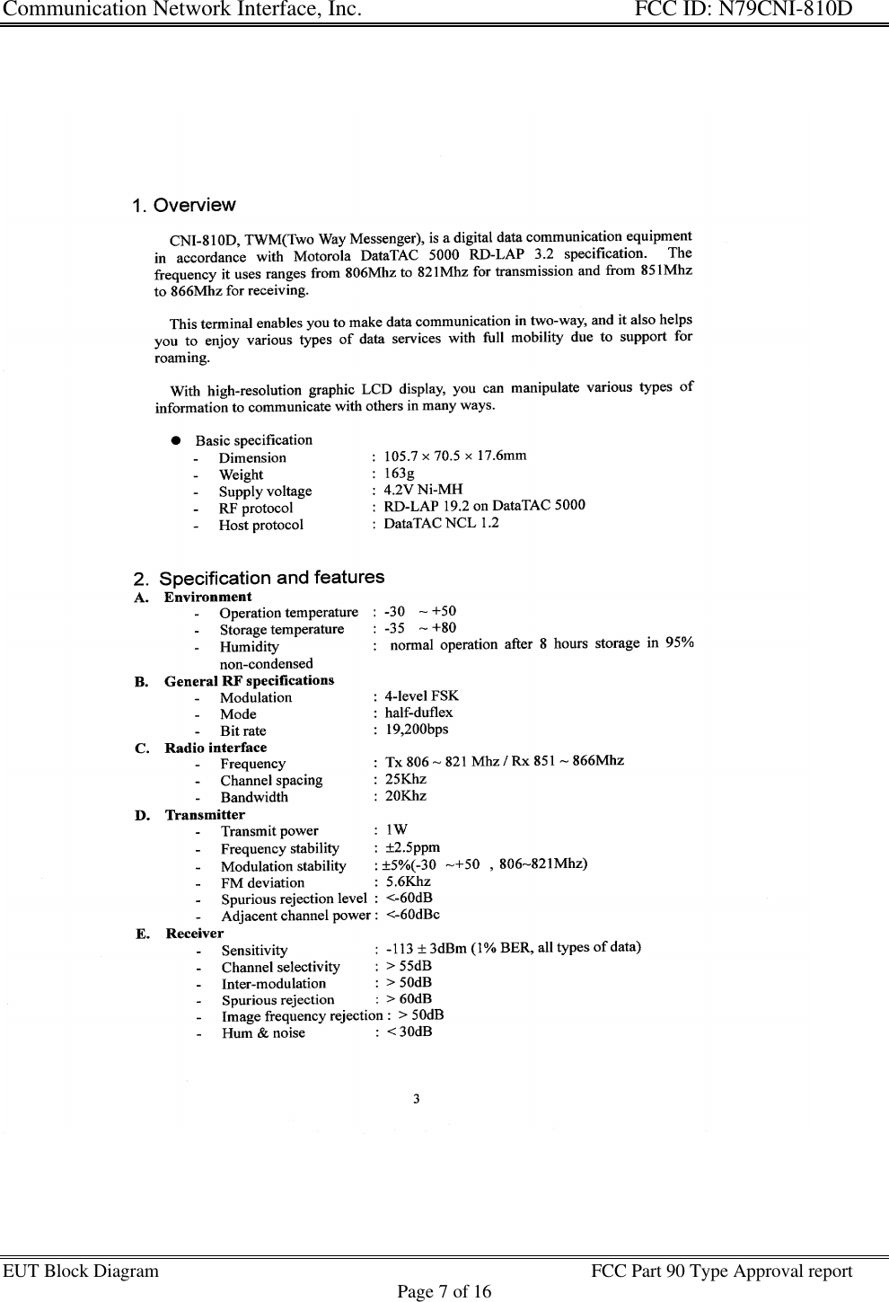 Communication Network Interface, Inc. FCC ID: N79CNI-810DEUT Block Diagram FCC Part 90 Type Approval reportPage 7 of 16