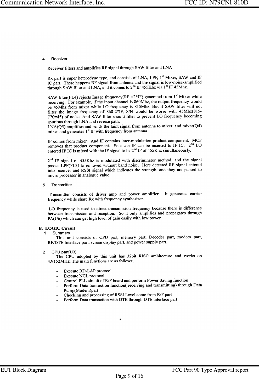 Communication Network Interface, Inc. FCC ID: N79CNI-810DEUT Block Diagram FCC Part 90 Type Approval reportPage 9 of 16