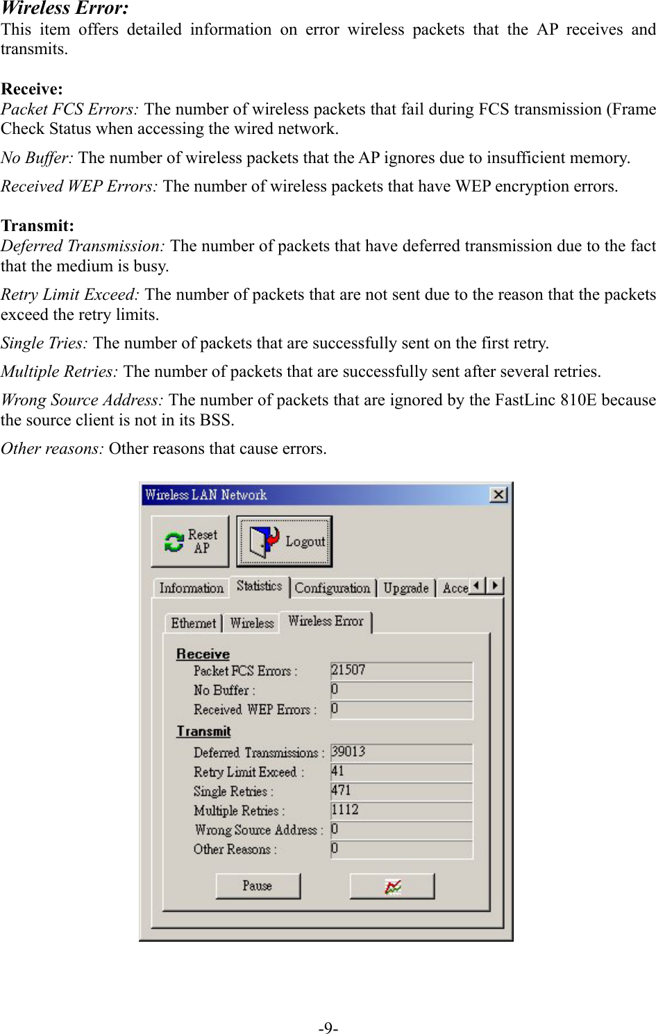 Wireless Error: This item offers detailed information on error wireless packets that the AP receives and transmits.  Receive: Packet FCS Errors: The number of wireless packets that fail during FCS transmission (Frame Check Status when accessing the wired network. No Buffer: The number of wireless packets that the AP ignores due to insufficient memory. Received WEP Errors: The number of wireless packets that have WEP encryption errors.  Transmit: Deferred Transmission: The number of packets that have deferred transmission due to the fact that the medium is busy. Retry Limit Exceed: The number of packets that are not sent due to the reason that the packets exceed the retry limits. Single Tries: The number of packets that are successfully sent on the first retry. Multiple Retries: The number of packets that are successfully sent after several retries. Wrong Source Address: The number of packets that are ignored by the FastLinc 810E because the source client is not in its BSS. Other reasons: Other reasons that cause errors.    -9-