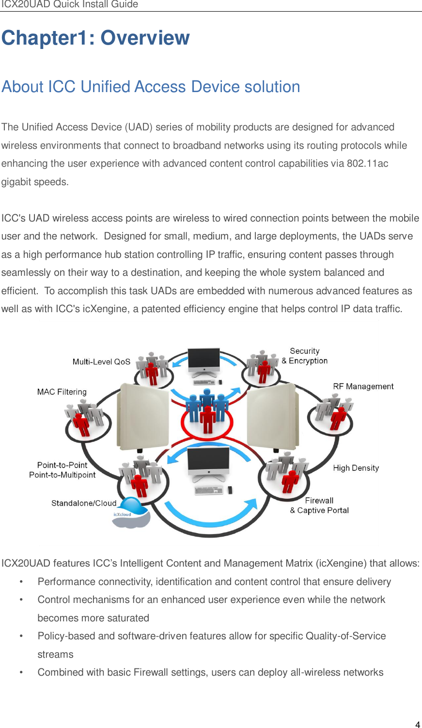 ICX20UAD Quick Install Guide 4 Chapter1: Overview About ICC Unified Access Device solution The Unified Access Device (UAD) series of mobility products are designed for advanced wireless environments that connect to broadband networks using its routing protocols while enhancing the user experience with advanced content control capabilities via 802.11ac gigabit speeds. ICC's UAD wireless access points are wireless to wired connection points between the mobile user and the network. Designed for small, medium, and large deployments, the UADs serve as a high performance hub station controlling IP traffic, ensuring content passes through seamlessly on their way to a destination, and keeping the whole system balanced and efficient. To accomplish this task UADs are embedded with numerous advanced features as well as with ICC's icXengine, a patented efficiency engine that helps control IP data traffic. ICX20UAD features ICC’s Intelligent Content and Management Matrix (icXengine) that allows: • Performance connectivity, identification and content control that ensure delivery • Control mechanisms for an enhanced user experience even while the network becomes more saturated • Policy-based and software-driven features allow for specific Quality-of-Service streams • Combined with basic Firewall settings, users can deploy all-wireless networks
