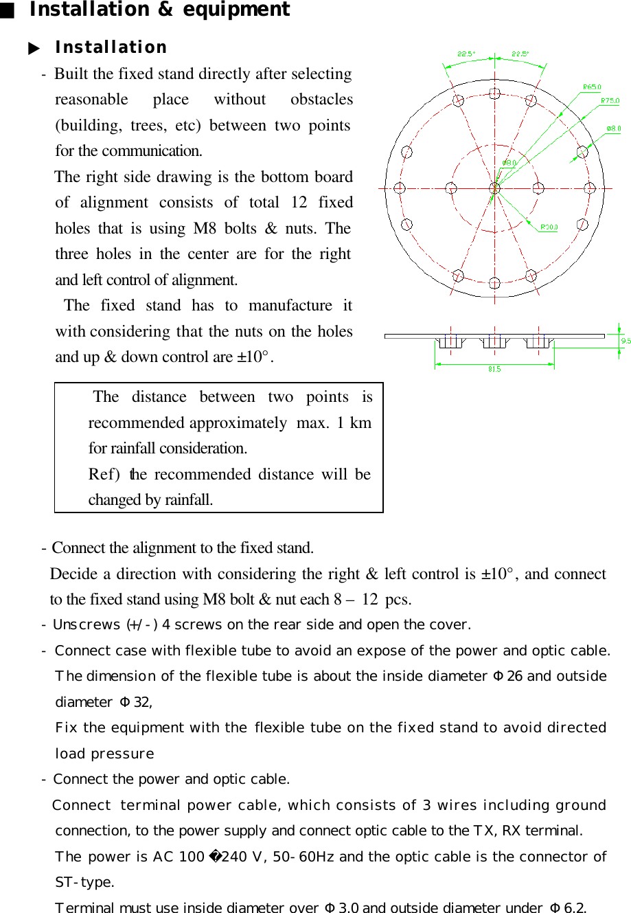 ■ Installation &amp; equipment   ▶ Installation  - Built the fixed stand directly after selecting reasonable place without obstacles (building, trees, etc) between two points for the communication.   The right side drawing is the bottom board of alignment consists of total 12 fixed holes that is using M8 bolts &amp; nuts. The three holes in the center are for the right and left control of alignment.   The fixed stand has to manufacture it with considering that the nuts on the holes and up &amp; down control are ±10°.         - Connect the alignment to the fixed stand. Decide a direction with considering the right &amp; left control is ±10°, and connect to the fixed stand using M8 bolt &amp; nut each 8 – 12 pcs.    - Unscrews (+/ -) 4 screws on the rear side and open the cover. - Connect case with flexible tube to avoid an expose of the power and optic cable. The dimension of the flexible tube is about the inside diameter Φ26 and outside diameter Φ32,  Fix the equipment with the flexible tube on the fixed stand to avoid directed load pressure      - Connect the power and optic cable.   Connect terminal power cable, which consists of 3 wires including ground connection, to the power supply and connect optic cable to the TX, RX terminal.   The power is AC 100  240 V, 50-60Hz and the optic cable is the connector of ST-type.  Terminal must use inside diameter over Φ3.0 and outside diameter under Φ6.2.  The distance between two points is recommended approximately  max. 1 km for rainfall consideration.   Ref) the recommended distance will be changed by rainfall.   