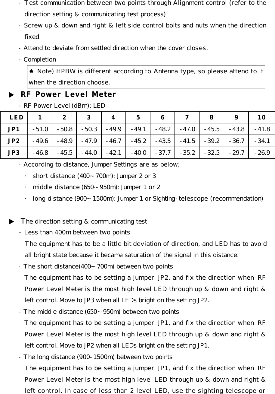  - Test communication between two points through Alignment control (refer to the direction setting &amp; communicating test process)  - Screw up &amp; down and right &amp; left side control bolts and nuts when the direction fixed.  - Attend to deviate from settled direction when the cover closes.  - Completion  ♠ Note) HPBW is different according to Antenna type, so please attend to it when the direction choose.    ▶ RF Power Level Meter - RF Power Level (dBm): LED   LED 1 2 3 4 5 6 7 8 9 10 JP1 -51.0 -50.8 -50.3 -49.9 -49.1 -48.2 -47.0 -45.5 -43.8 -41.8 JP2 -49.6 -48.9 -47.9 -46.7 -45.2 -43.5 -41.5 -39.2 -36.7 -34.1 JP3 -46.8 -45.5 -44.0 -42.1 -40.0 -37.7 -35.2 -32.5 -29.7 -26.9 - According to distance, Jumper Settings are as below; ・ short distance (400～700m): Jumper 2 or 3 ・ middle distance (650～950m): Jumper 1 or 2 ・ long distance (900～1500m): Jumper 1 or Sighting-telescope (recommendation)   ▶ The direction setting &amp; communicating test  - Less than 400m between two points  The equipment has to be a little bit deviation of direction, and LED has to avoid all bright state because it became saturation of the signal in this distance.  - The short distance(400～700m) between two points The equipment has to be setting a jumper  JP2, and fix the direction when  RF Power Level Meter is the most high level LED through up &amp; down and right &amp; left control. Move to JP3 when all LEDs bright on the setting JP2. - The middle distance (650～950m) between two points The equipment has to be setting a jumper  JP1, and fix the direction when  RF Power Level Meter is the most high level LED through up &amp; down and right &amp; left control. Move to JP2 when all LEDs bright on the setting JP1. - The long distance (900-1500m) between two points The equipment has to be setting a jumper  JP1, and fix the direction when  RF Power Level Meter is the most high level LED through up &amp; down and right &amp; left control. In case of less than 2 level LED, use the sighting telescope or 