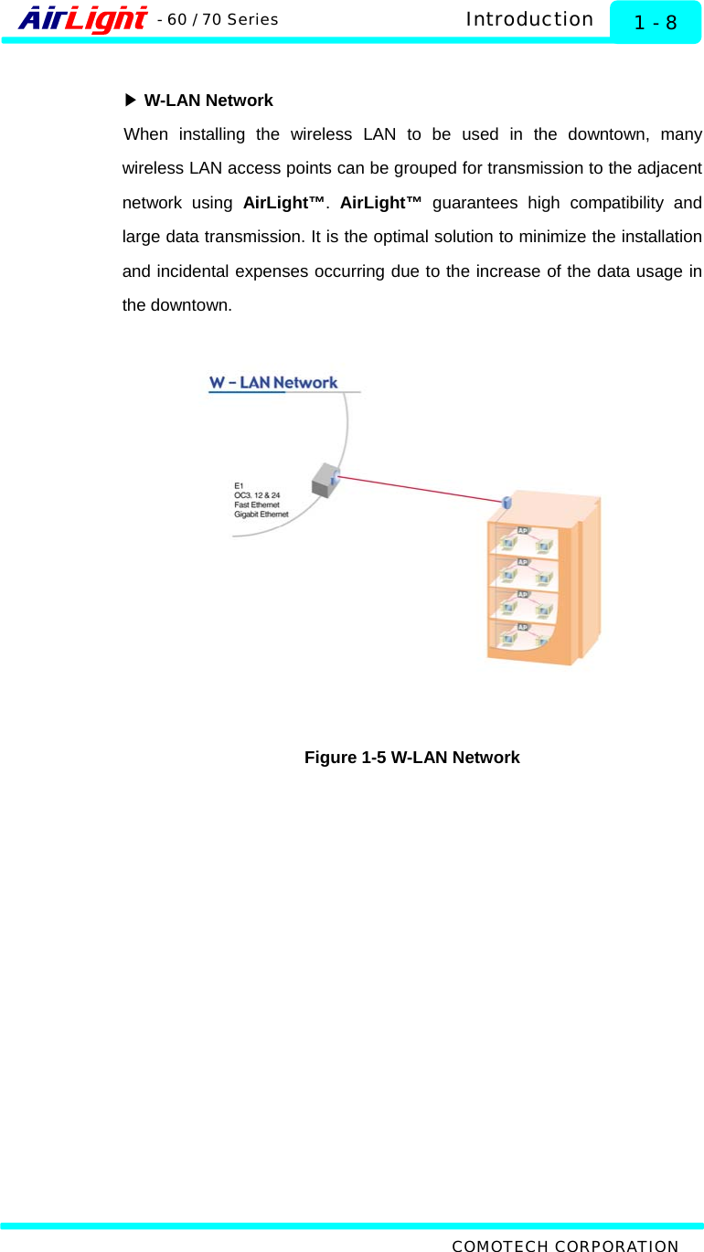  Introduction - 60 / 70 Series  1 - 8  ▶ W-LAN Network When installing the wireless LAN to be used in the downtown, many wireless LAN access points can be grouped for transmission to the adjacent network using AirLight™.  AirLight™ guarantees high compatibility and large data transmission. It is the optimal solution to minimize the installation and incidental expenses occurring due to the increase of the data usage in the downtown.    Figure 1-5 W-LAN Network  COMOTECH CORPORATION 