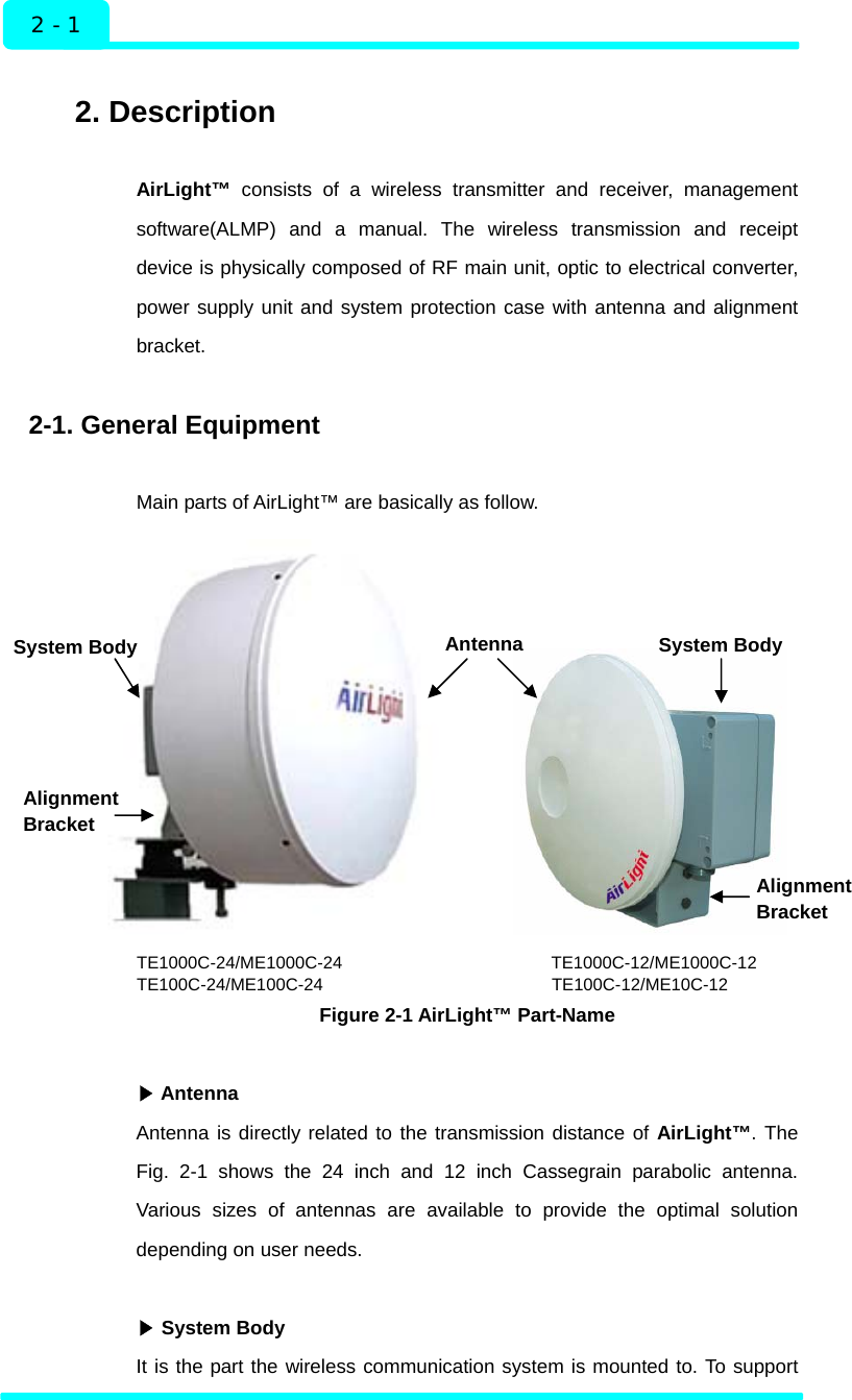  Description 2 - 1  2. Description  AirLight™ consists of a wireless transmitter and receiver, management software(ALMP) and a manual. The wireless transmission and receipt device is physically composed of RF main unit, optic to electrical converter, power supply unit and system protection case with antenna and alignment bracket.   2-1. General Equipment  Main parts of AirLight™ are basically as follow.             Antenna System Body System Body Alignment  Bracket  Alignment Bracket  TE1000C-24/ME1000C-24                        TE1000C-12/ME1000C-12 TE100C-24/ME100C-24                             TE100C-12/ME10C-12  Figure 2-1 AirLight™ Part-Name   ▶Antenna Antenna is directly related to the transmission distance of AirLight™. The Fig. 2-1 shows the 24 inch and 12 inch Cassegrain parabolic antenna. Various sizes of antennas are available to provide the optimal solution depending on user needs.   ▶System Body It is the part the wireless communication system is mounted to. To support  