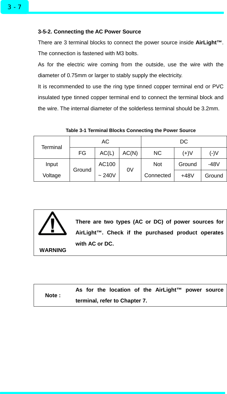  Installation 3 - 7  3-5-2. Connecting the AC Power Source There are 3 terminal blocks to connect the power source inside AirLight™. The connection is fastened with M3 bolts.   As for the electric wire coming from the outside, use the wire with the diameter of 0.75mm or larger to stably supply the electricity.   It is recommended to use the ring type tinned copper terminal end or PVC insulated type tinned copper terminal end to connect the terminal block and the wire. The internal diameter of the solderless terminal should be 3.2mm.  Table 3-1 Terminal Blocks Connecting the Power Source AC DC Terminal  FG AC(L) AC(N) NC  (+)V  (-)V Ground -48V Input Voltage  Ground AC100 ~ 240V 0V  Not Connected +48V Ground WARNING There are two types (AC or DC) of power sources for AirLight™. Check if the purchased product operates with AC or DC.  Note : As for the location of the AirLight™ power source terminal, refer to Chapter 7.     