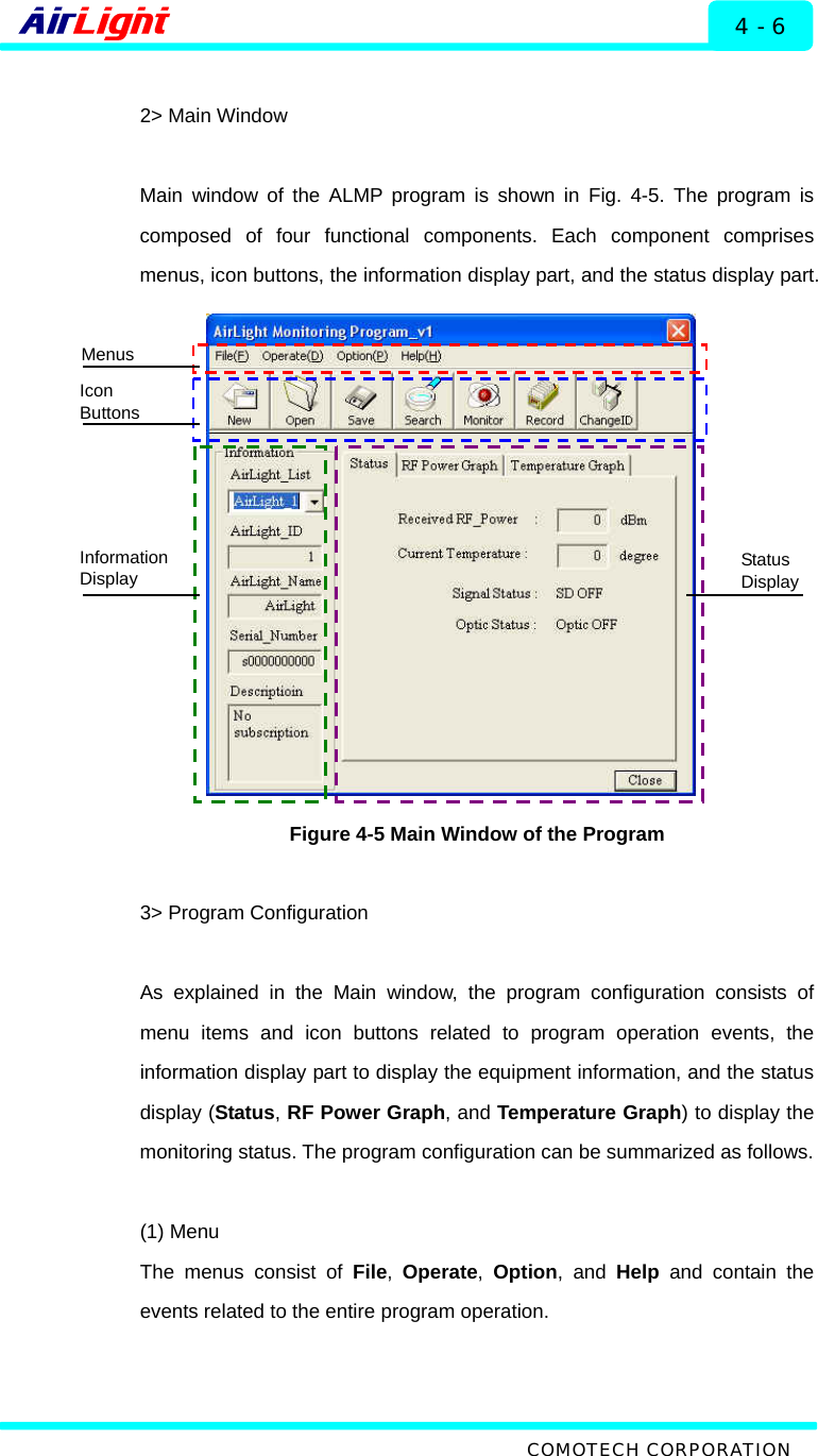  ALMP - 60 / 70 Series 4 - 6  2&gt; Main Window  Main window of the ALMP program is shown in Fig. 4-5. The program is composed of four functional components. Each component comprises menus, icon buttons, the information display part, and the status display part.    Menus Icon Buttons Information Display  Status Display Figure 4-5 Main Window of the Program    3&gt; Program Configuration   As explained in the Main window, the program configuration consists of menu items and icon buttons related to program operation events, the information display part to display the equipment information, and the status display (Status, RF Power Graph, and Temperature Graph) to display the monitoring status. The program configuration can be summarized as follows.  (1) Menu   The menus consist of File,  Operate,  Option, and Help and contain the events related to the entire program operation.    COMOTECH CORPORATION 