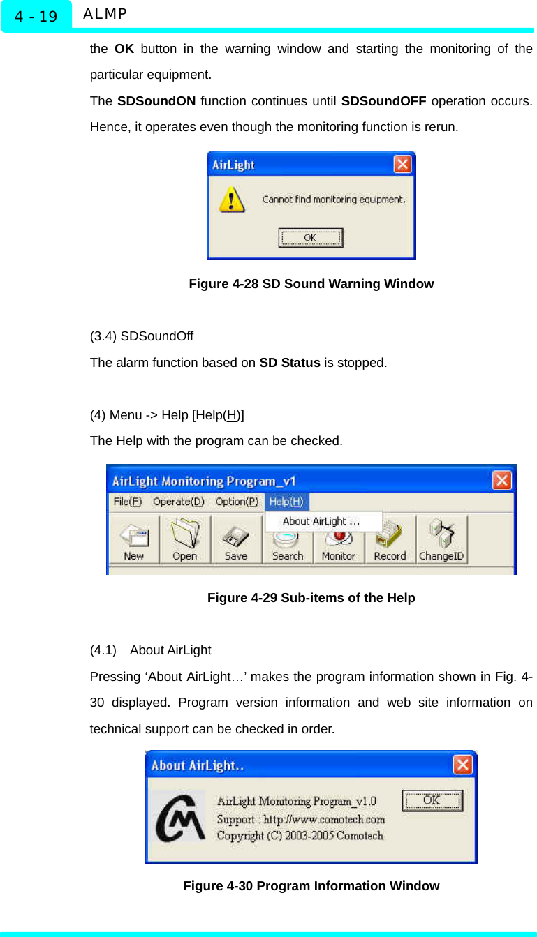  ALMP 4 - 19 the  OK button in the warning window and starting the monitoring of the particular equipment.   The SDSoundON function continues until SDSoundOFF operation occurs. Hence, it operates even though the monitoring function is rerun.    Figure 4-28 SD Sound Warning Window  (3.4) SDSoundOff The alarm function based on SD Status is stopped.    (4) Menu -&gt; Help [Help(H)] The Help with the program can be checked.    Figure 4-29 Sub-items of the Help  (4.1)  About AirLight Pressing ‘About AirLight…’ makes the program information shown in Fig. 4-30 displayed. Program version information and web site information on technical support can be checked in order.  Figure 4-30 Program Information Window  