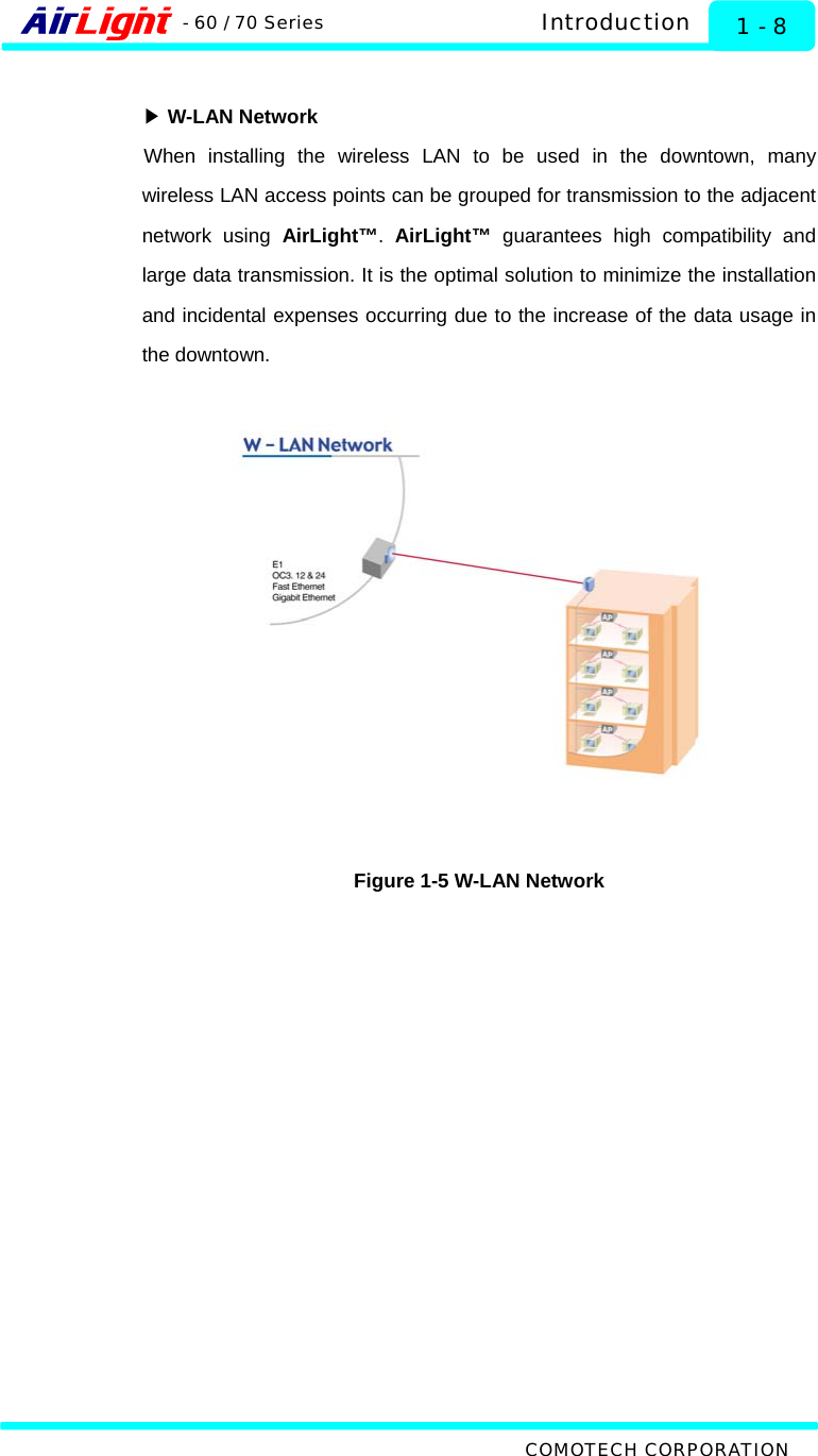   Introduction - 60 / 70 Series  1 - 8 COMOTECH CORPORATION  ▶ W-LAN Network When installing the wireless LAN to be used in the downtown, many wireless LAN access points can be grouped for transmission to the adjacent network using AirLight™.  AirLight™ guarantees high compatibility and large data transmission. It is the optimal solution to minimize the installation and incidental expenses occurring due to the increase of the data usage in the downtown.    Figure 1-5 W-LAN Network 