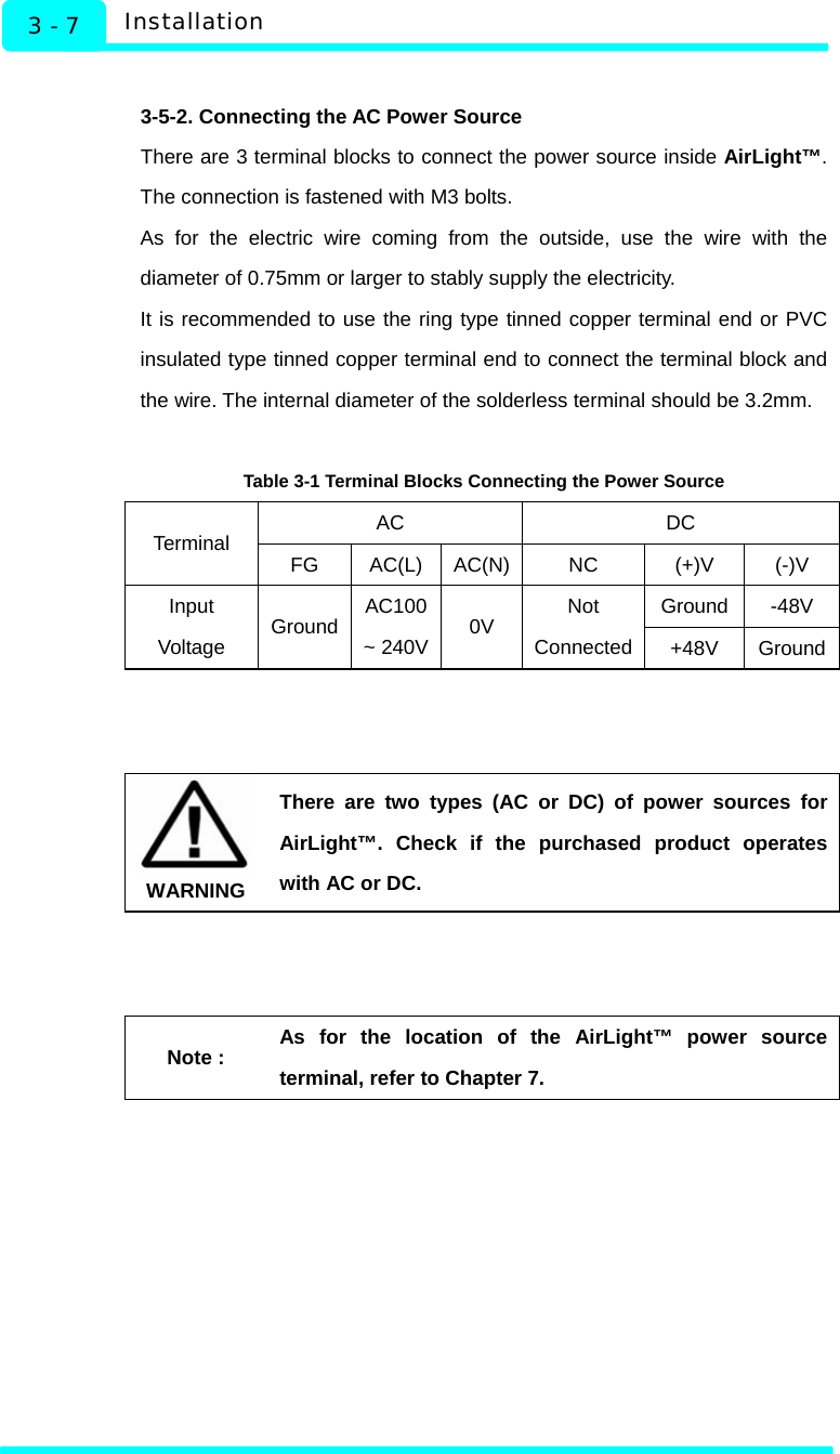   Installation 3 - 7  3-5-2. Connecting the AC Power Source There are 3 terminal blocks to connect the power source inside AirLight™. The connection is fastened with M3 bolts.   As for the electric wire coming from the outside, use the wire with the diameter of 0.75mm or larger to stably supply the electricity.   It is recommended to use the ring type tinned copper terminal end or PVC insulated type tinned copper terminal end to connect the terminal block and the wire. The internal diameter of the solderless terminal should be 3.2mm.  Table 3-1 Terminal Blocks Connecting the Power Source AC DC Terminal  FG AC(L) AC(N) NC  (+)V  (-)V Ground -48V Input Voltage  Ground AC100 ~ 240V 0V  Not Connected +48V Ground WARNING There are two types (AC or DC) of power sources for AirLight™. Check if the purchased product operates with AC or DC.  Note : As for the location of the AirLight™ power source terminal, refer to Chapter 7.    