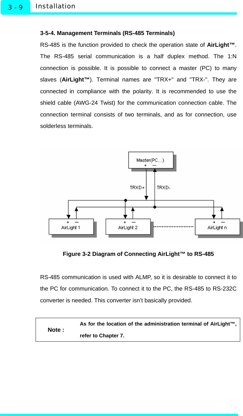   Installation 3 - 9  3-5-4. Management Terminals (RS-485 Terminals) RS-485 is the function provided to check the operation state of AirLight™. The RS-485 serial communication is a half duplex method. The 1:N connection is possible. It is possible to connect a master (PC) to many slaves (AirLight™). Terminal names are &quot;TRX+&quot; and &quot;TRX-&quot;. They are connected in compliance with the polarity. It is recommended to use the shield cable (AWG-24 Twist) for the communication connection cable. The connection terminal consists of two terminals, and as for connection, use solderless terminals.     Figure 3-2 Diagram of Connecting AirLight™ to RS-485  RS-485 communication is used with ALMP, so it is desirable to connect it to the PC for communication. To connect it to the PC, the RS-485 to RS-232C converter is needed. This converter isn’t basically provided.    Note : As for the location of the administration terminal of AirLight™, refer to Chapter 7.  