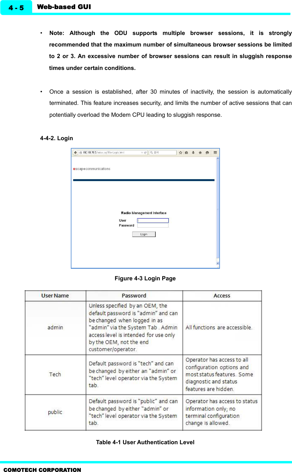   Web-based GUI 4 - 5 COMOTECH CORPORATION  • Note:  Although  the  ODU  supports  multiple  browser  sessions,  it  is  strongly recommended that the maximum number of simultaneous browser sessions be limited to 2  or  3. An  excessive  number  of browser sessions can  result in sluggish  response times under certain conditions.    •  Once  a  session  is  established,  after  30  minutes  of  inactivity,  the  session  is  automatically terminated. This feature increases security, and limits the number of active sessions that can potentially overload the Modem CPU leading to sluggish response.    4-4-2. Login    Figure 4-3 Login Page        Table 4-1 User Authentication Level 