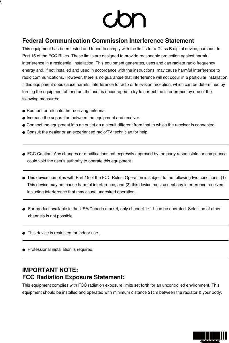 Page 1 of Compal Broand Networks AP7465 Wireless Access Point User Manual Statement