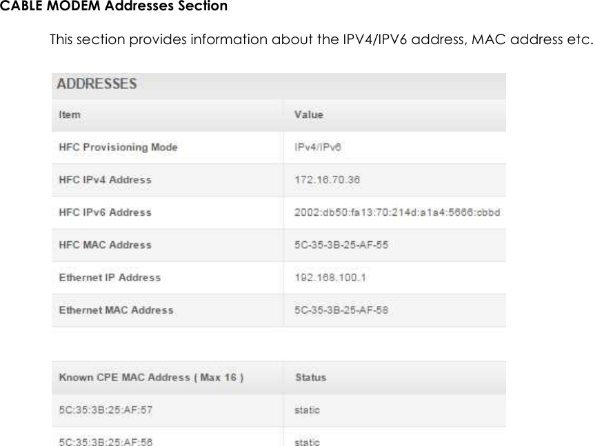                      24  CABLE MODEM Addresses Section This section provides information about the IPV4/IPV6 address, MAC address etc.     