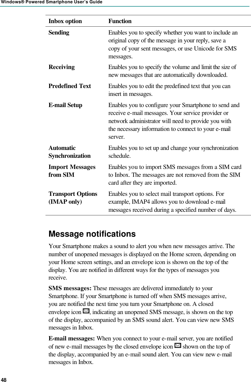 Windows® Powered Smartphone User’s Guide 48 Inbox option Function Sending Enables you to specify whether you want to include an original copy of the message in your reply, save a copy of your sent messages, or use Unicode for SMS messages. Receiving Enables you to specify the volume and limit the size of new messages that are automatically downloaded. Predefined Text Enables you to edit the predefined text that you can insert in messages. E-mail Setup Enables you to configure your Smartphone to send and receive e-mail messages. Your service provider or network administrator will need to provide you with the necessary information to connect to your e-mail server. Automatic Synchronization Enables you to set up and change your synchronization schedule. Import Messages from SIM Enables you to import SMS messages from a SIM card to Inbox. The messages are not removed from the SIM card after they are imported. Transport Options (IMAP only) Enables you to select mail transport options. For example, IMAP4 allows you to download e-mail messages received during a specified number of days. Message notifications Your Smartphone makes a sound to alert you when new messages arrive. The number of unopened messages is displayed on the Home screen, depending on your Home screen settings, and an envelope icon is shown on the top of the display. You are notified in different ways for the types of messages you receive. SMS messages: These messages are delivered immediately to your Smartphone. If your Smartphone is turned off when SMS messages arrive, you are notified the next time you turn your Smartphone on. A closed envelope icon  , indicating an unopened SMS message, is shown on the top of the display, accompanied by an SMS sound alert. You can view new SMS messages in Inbox. E-mail messages: When you connect to your e-mail server, you are notified of new e-mail messages by the closed envelope icon   shown on the top of the display, accompanied by an e-mail sound alert. You can view new e-mail messages in Inbox. 