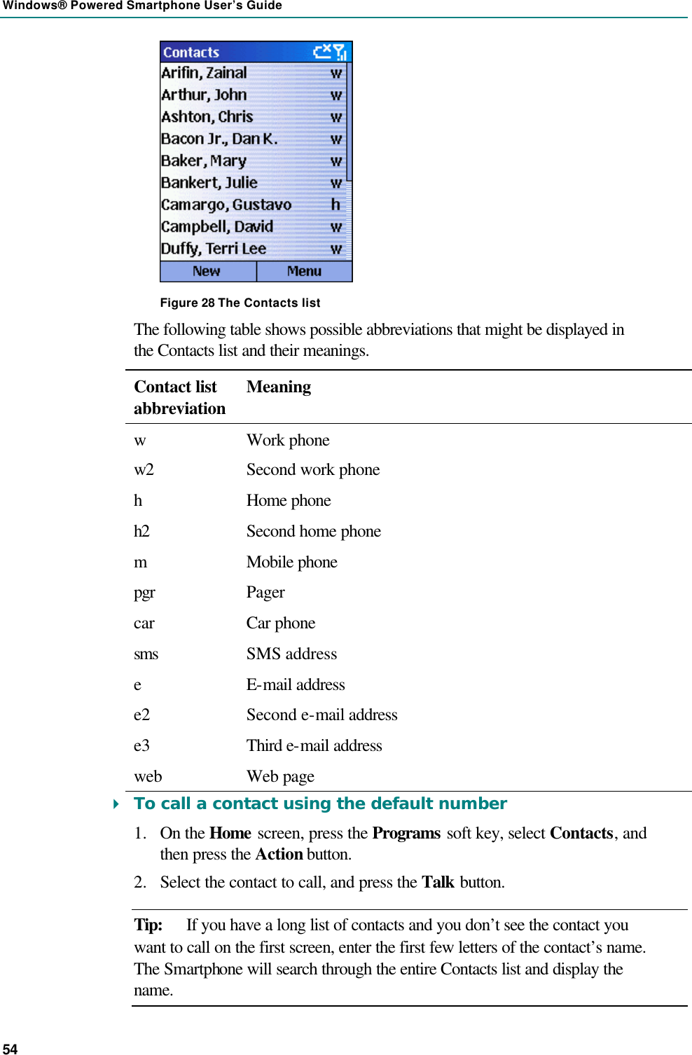 Windows® Powered Smartphone User’s Guide 54  Figure 28 The Contacts list The following table shows possible abbreviations that might be displayed in the Contacts list and their meanings. Contact list abbreviation Meaning w Work phone w2 Second work phone h  Home phone h2 Second home phone m Mobile phone pgr Pager car Car phone sms SMS address e E-mail address e2 Second e-mail address e3 Third e-mail address web Web page 4 To call a contact using the default number 1.  On the Home screen, press the Programs soft key, select Contacts, and then press the Action button. 2.  Select the contact to call, and press the Talk button. Tip: If you have a long list of contacts and you don’t see the contact you want to call on the first screen, enter the first few letters of the contact’s name. The Smartphone will search through the entire Contacts list and display the name. 