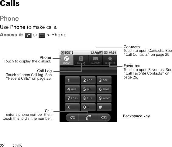 23 CallsCallsPhoneUse Phone to make calls.Access it:  or   &gt; PhonePhoneTouch to display the dialpad.CallEnter a phone number thentouch this to dial the number.Call LogTouch to open Call log. See“Recent Calls” on page 25.ContactsTouch to open Contacts. See “Call Contacts” on page 25.Backspace keyFavoritesTouch to open Favorites. See “Call Favorite Contacts” on page 25.