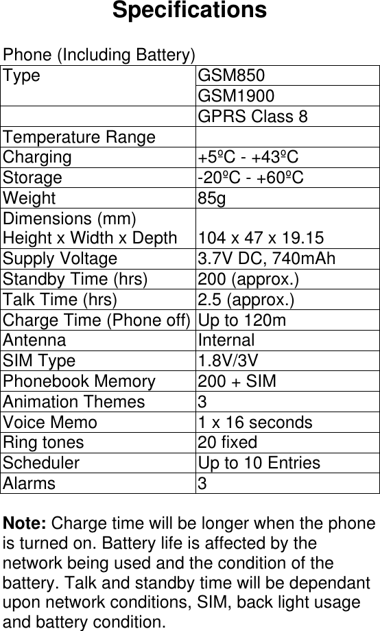 Specifications  Phone (Including Battery) GSM850 Type   GSM1900   GPRS Class 8 Temperature Range   Charging  +5ºC - +43ºC Storage  -20ºC - +60ºC Weight   85g Dimensions (mm) Height x Width x Depth   104 x 47 x 19.15 Supply Voltage  3.7V DC, 740mAh Standby Time (hrs)    200 (approx.) Talk Time (hrs)  2.5 (approx.) Charge Time (Phone off) Up to 120m Antenna Internal SIM Type    1.8V/3V Phonebook Memory    200 + SIM Animation Themes  3 Voice Memo    1 x 16 seconds Ring tones    20 fixed Scheduler    Up to 10 Entries Alarms 3  Note: Charge time will be longer when the phone is turned on. Battery life is affected by the network being used and the condition of the battery. Talk and standby time will be dependant upon network conditions, SIM, back light usage and battery condition.  