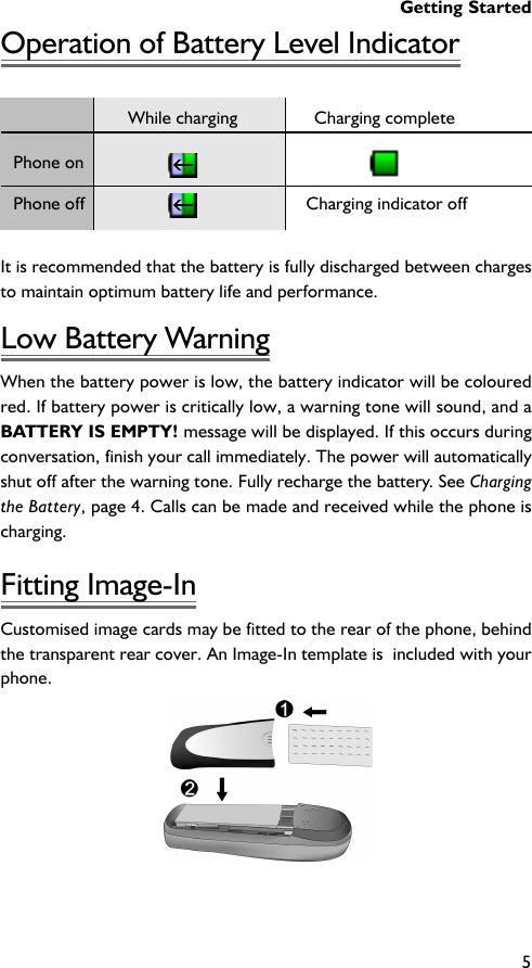 Getting Started5Operation of Battery Level IndicatorWhile charging Charging completePhone onPhone off  Charging indicator offIt is recommended that the battery is fully discharged between chargesto maintain optimum battery life and performance.Low Battery WarningWhen the battery power is low, the battery indicator will be colouredred. If battery power is critically low, a warning tone will sound, and aBATTERY IS EMPTY! message will be displayed. If this occurs duringconversation, finish your call immediately. The power will automaticallyshut off after the warning tone. Fully recharge the battery. See Chargingthe Battery, page 4. Calls can be made and received while the phone ischarging.Fitting Image-InCustomised image cards may be fitted to the rear of the phone, behindthe transparent rear cover. An Image-In template is  included with yourphone.II