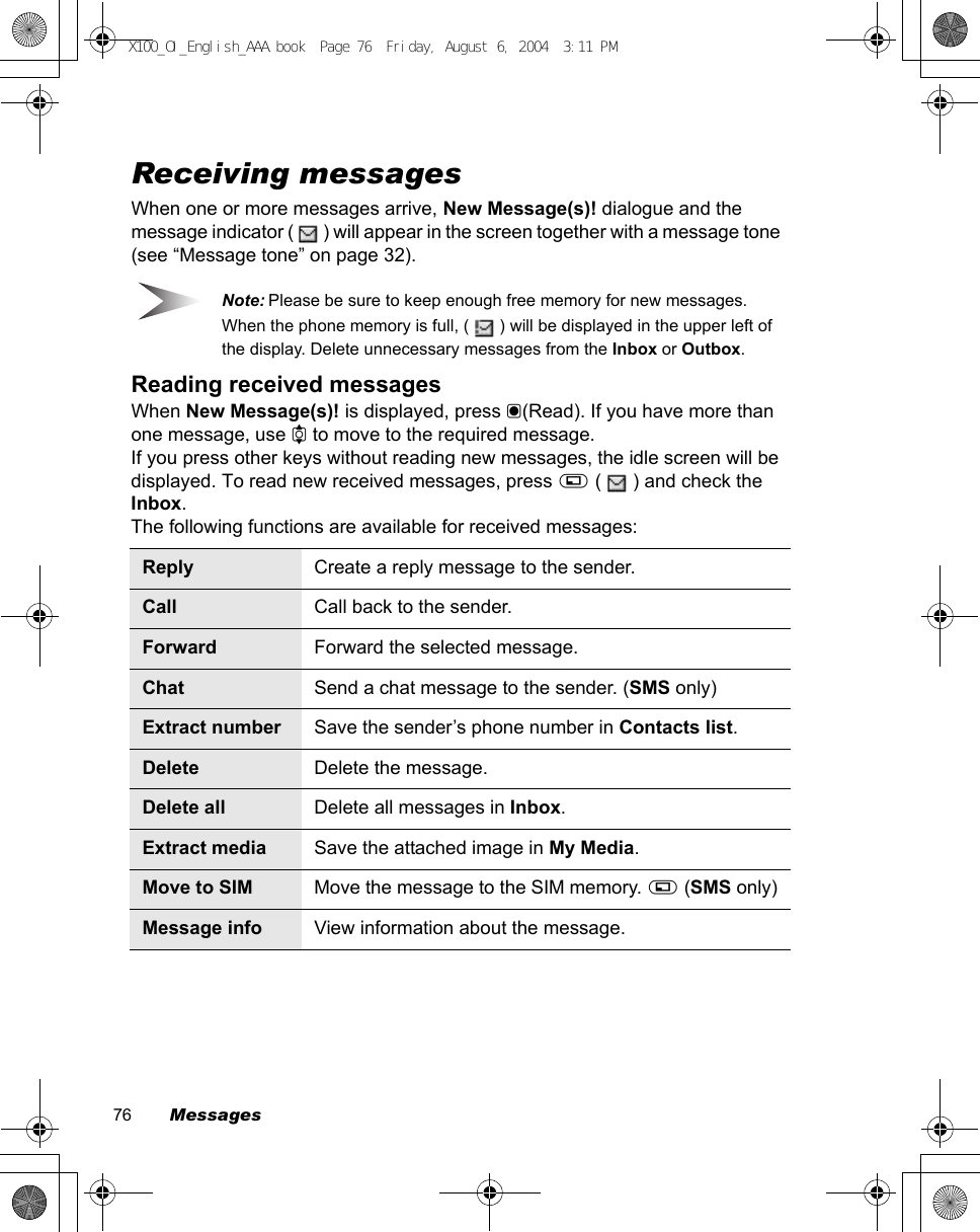 76        MessagesReceiving messagesWhen one or more messages arrive, New Message(s)! dialogue and the message indicator (   ) will appear in the screen together with a message tone  (see “Message tone” on page 32).Note: Please be sure to keep enough free memory for new messages. When the phone memory is full, (   ) will be displayed in the upper left of the display. Delete unnecessary messages from the Inbox or Outbox.Reading received messagesWhen New Message(s)! is displayed, press &lt;(Read). If you have more than one message, use 4 to move to the required message.If you press other keys without reading new messages, the idle screen will be displayed. To read new received messages, press A (   ) and check the Inbox.The following functions are available for received messages:Reply Create a reply message to the sender.Call Call back to the sender.Forward Forward the selected message.Chat Send a chat message to the sender. (SMS only)Extract number Save the sender’s phone number in Contacts list.Delete Delete the message.Delete all Delete all messages in Inbox.Extract media Save the attached image in My Media.Move to SIM Move the message to the SIM memory. A (SMS only)Message info View information about the message.X100_OI_English_AAA.book  Page 76  Friday, August 6, 2004  3:11 PM