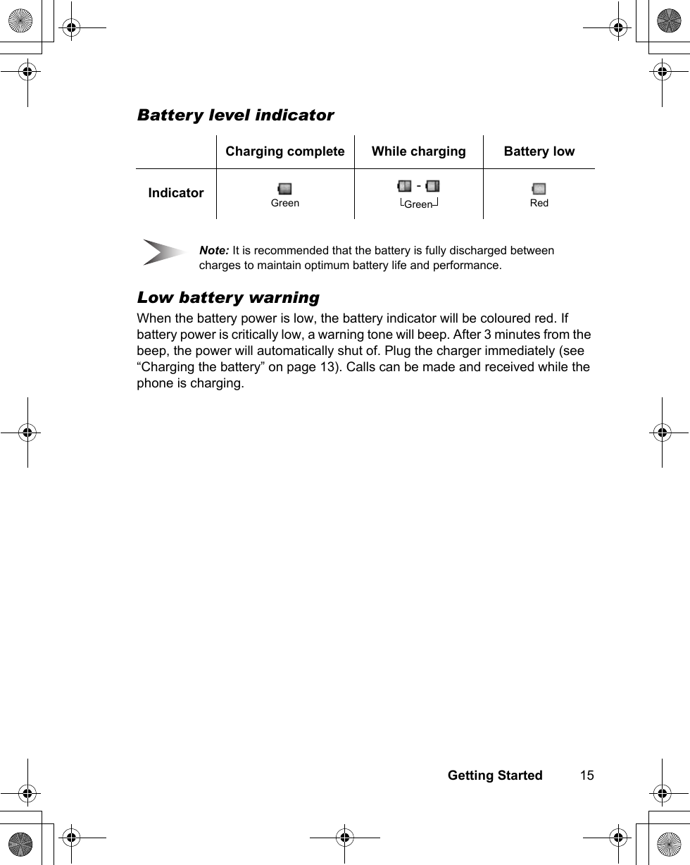 Getting Started          15Battery level indicatorNote: It is recommended that the battery is fully discharged between charges to maintain optimum battery life and performance. Low battery warningWhen the battery power is low, the battery indicator will be coloured red. If battery power is critically low, a warning tone will beep. After 3 minutes from the beep, the power will automatically shut of. Plug the charger immediately (see “Charging the battery” on page 13). Calls can be made and received while the phone is charging.Charging complete While charging Battery lowIndicator Green - RedGreen