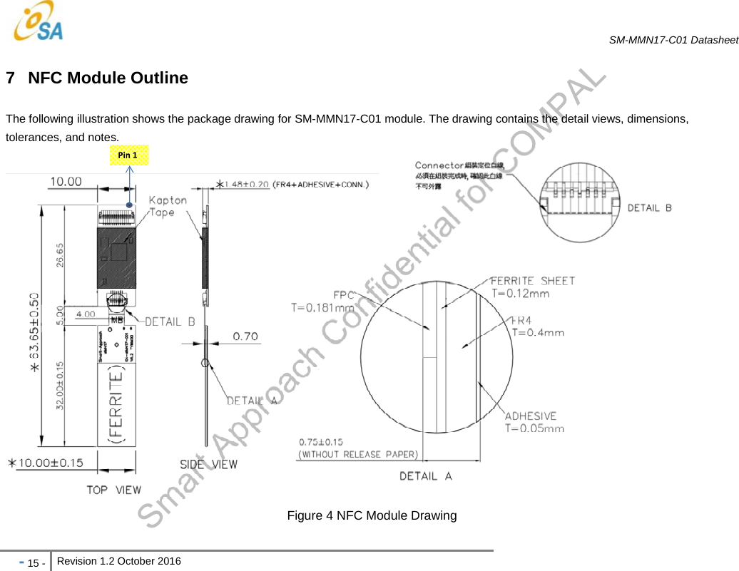   SM-MMN17-C01 Datasheet   - 15 - Revision 1.2 October 2016                            7  NFC Module Outline The following illustration shows the package drawing for SM-MMN17-C01 module. The drawing contains the detail views, dimensions, tolerances, and notes.   Figure 4 NFC Module Drawing 