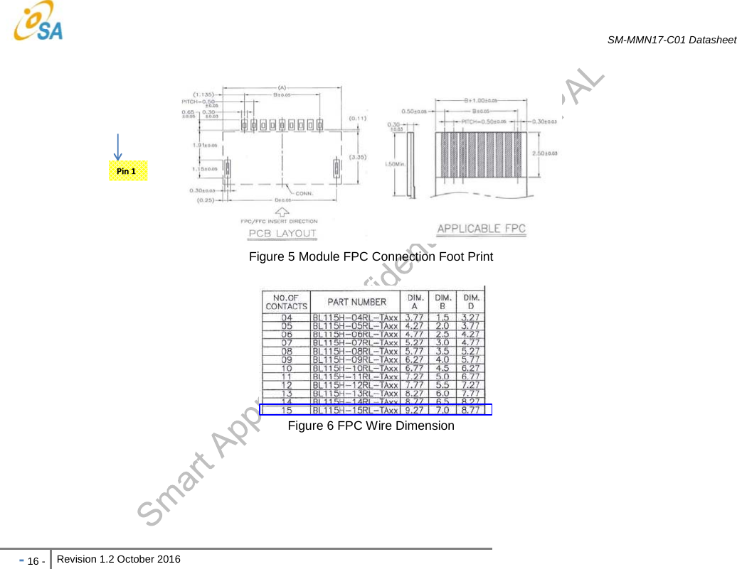   SM-MMN17-C01 Datasheet   - 16 - Revision 1.2 October 2016                                  Figure 5 Module FPC Connection Foot Print    Figure 6 FPC Wire Dimension 