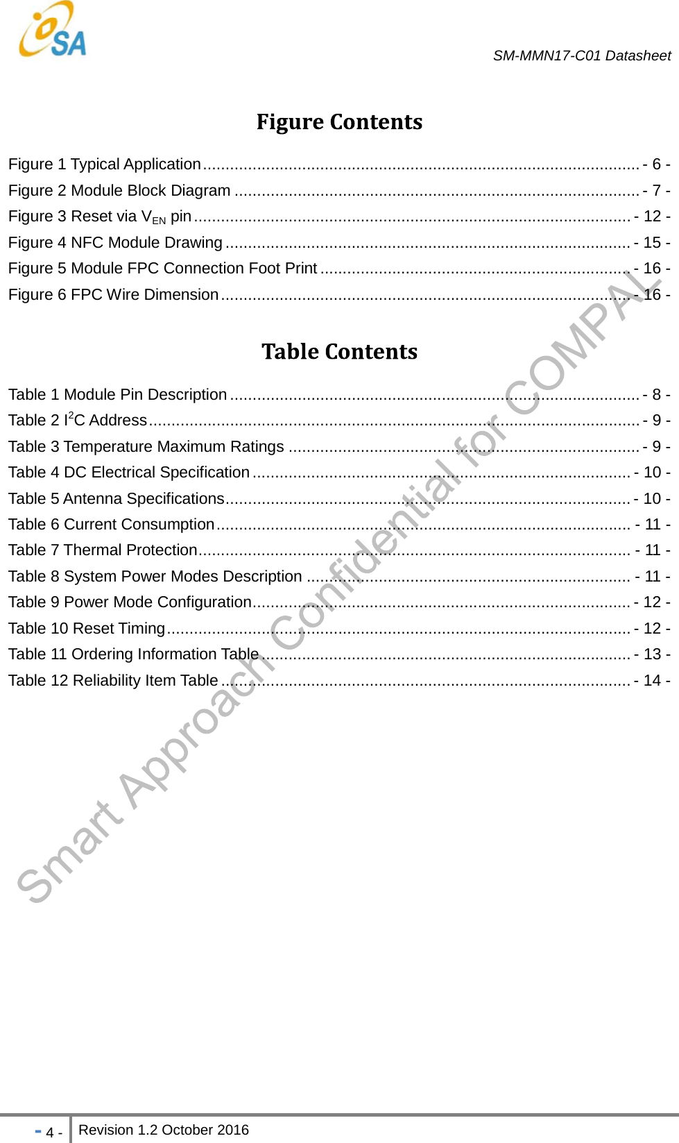   SM-MMN17-C01 Datasheet   - 4 - Revision 1.2 October 2016                            Figure 1 Typical Application ................................................................................................. - 6 -Figure 2 Module Block Diagram .......................................................................................... - 7 -Figure 3 Reset via VEN pin ................................................................................................. - 12 -Figure 4 NFC Module Drawing .......................................................................................... - 15 -Figure 5 Module FPC Connection Foot Print ..................................................................... - 16 -Figure 6 FPC Wire Dimension ........................................................................................... - 16 -Table 1 Module Pin Description ........................................................................................... -  8 -Table 2 I2C Address ............................................................................................................. - 9 -Table 3 Temperature Maximum Ratings .............................................................................. - 9 -Table 4 DC Electrical Specification .................................................................................... - 10 -Table 5 Antenna Specifications .......................................................................................... - 10 -Table 6 Current Consumption ............................................................................................ - 11 -Table 7 Thermal Protection ................................................................................................ - 11 -Table 8 System Power Modes Description ........................................................................ - 11 -Table 9 Power Mode Configuration .................................................................................... - 12 -Table 10 Reset Timing ....................................................................................................... - 12 -Table 11 Ordering Information Table .................................................................................. - 13 -Table 12 Reliability Item Table ........................................................................................... - 14 - 