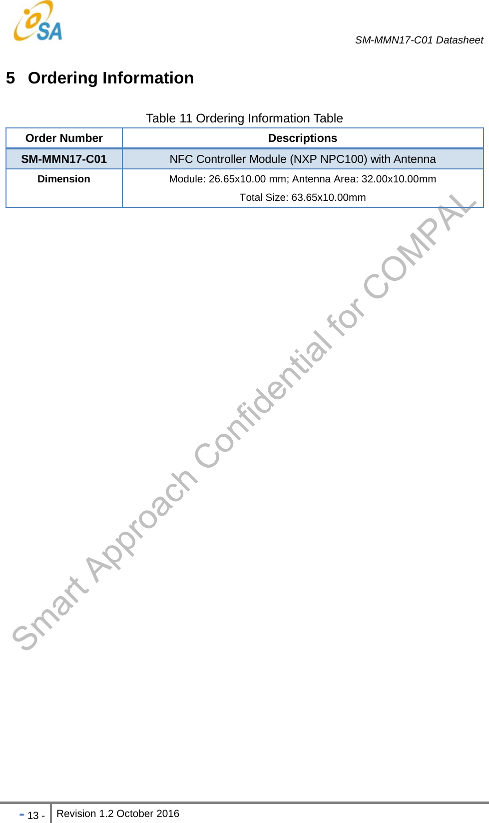   SM-MMN17-C01 Datasheet   - 13 - Revision 1.2 October 2016                            5 Ordering Information Table 11 Ordering Information Table Order Number  Descriptions SM-MMN17-C01  NFC Controller Module (NXP NPC100) with Antenna Dimension  Module: 26.65x10.00 mm; Antenna Area: 32.00x10.00mm Total Size: 63.65x10.00mm  