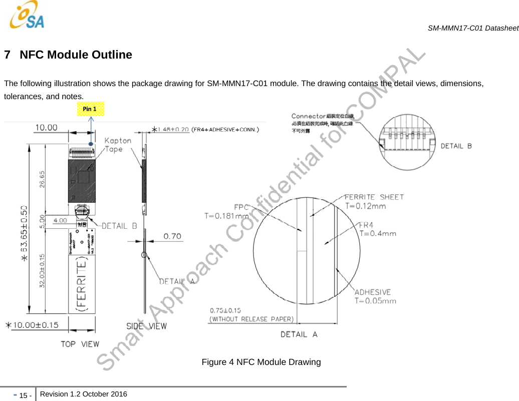   SM-MMN17-C01 Datasheet   - 15 - Revision 1.2 October 2016                            7  NFC Module Outline The following illustration shows the package drawing for SM-MMN17-C01 module. The drawing contains the detail views, dimensions, tolerances, and notes.   Figure 4 NFC Module Drawing 