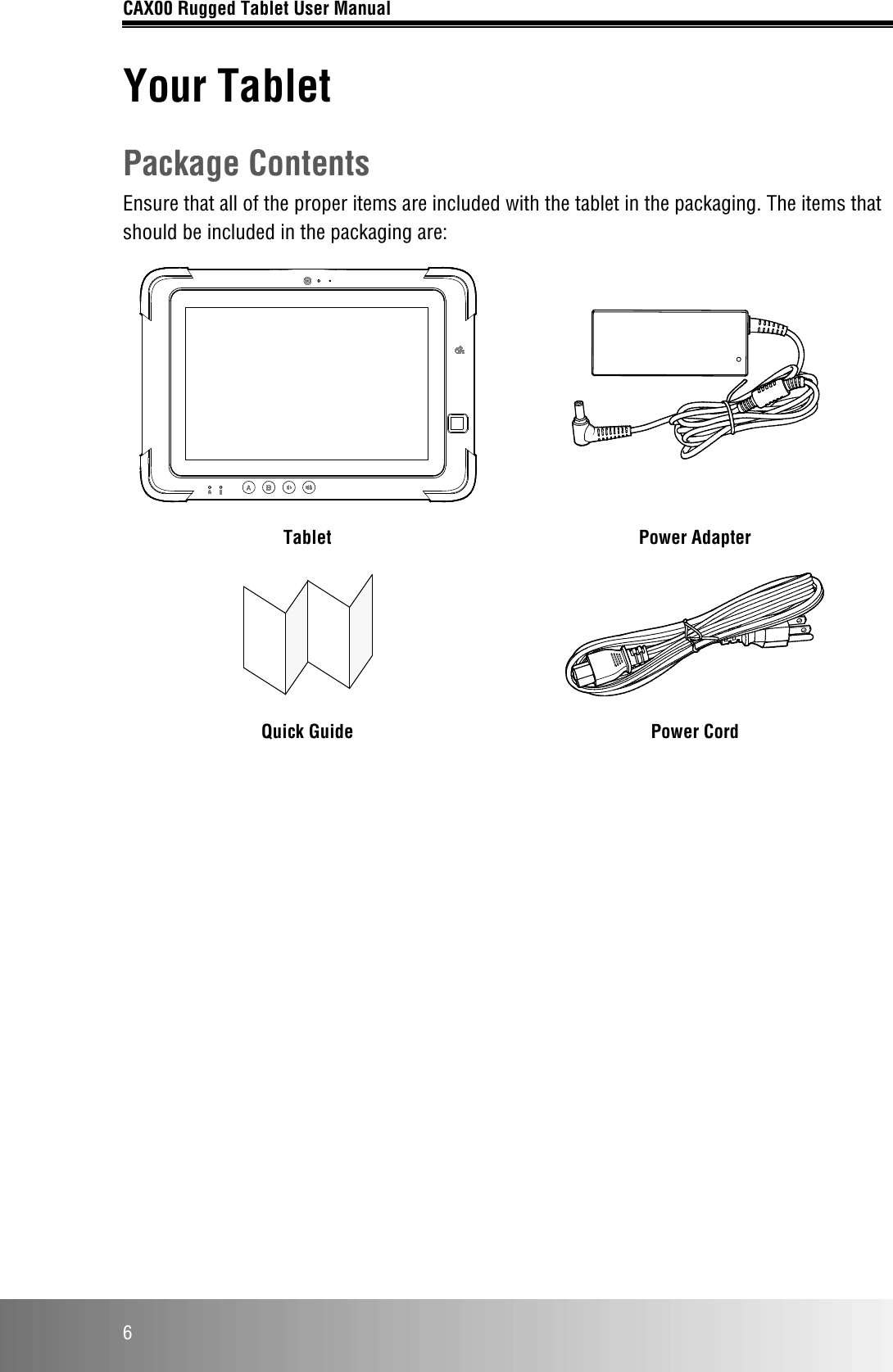 CAX00 Rugged Tablet User Manual  6 Your Tablet Package Contents Ensure that all of the proper items are included with the tablet in the packaging. The items that should be included in the packaging are:     Tablet Power Adapter       Quick Guide Power Cord     