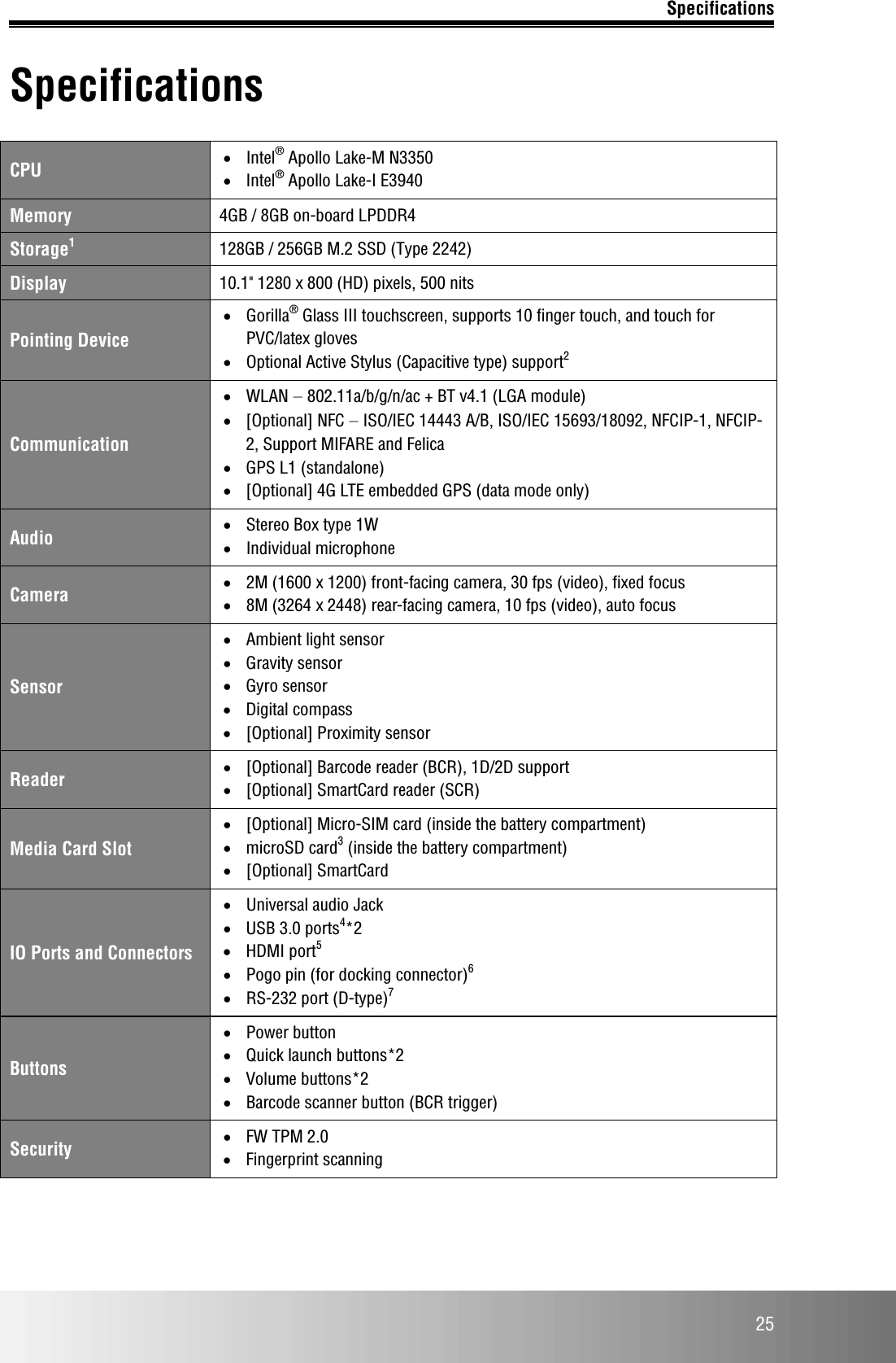 Specifications  25 Specifications CPU • Intel® Apollo Lake-M N3350 • Intel® Apollo Lake-I E3940 Memory 4GB / 8GB on-board LPDDR4 Storage1 128GB / 256GB M.2 SSD (Type 2242) Display 10.1&quot; 1280 x 800 (HD) pixels, 500 nits Pointing Device • Gorilla® Glass III touchscreen, supports 10 finger touch, and touch for PVC/latex gloves • Optional Active Stylus (Capacitive type) support2 Communication • WLAN ‒ 802.11a/b/g/n/ac + BT v4.1 (LGA module) • [Optional] NFC ‒ ISO/IEC 14443 A/B, ISO/IEC 15693/18092, NFCIP-1, NFCIP-2, Support MIFARE and Felica • GPS L1 (standalone) • [Optional] 4G LTE embedded GPS (data mode only) Audio • Stereo Box type 1W • Individual microphone Camera • 2M (1600 x 1200) front-facing camera, 30 fps (video), fixed focus • 8M (3264 x 2448) rear-facing camera, 10 fps (video), auto focus Sensor • Ambient light sensor • Gravity sensor • Gyro sensor • Digital compass • [Optional] Proximity sensor Reader • [Optional] Barcode reader (BCR), 1D/2D support • [Optional] SmartCard reader (SCR) Media Card Slot • [Optional] Micro-SIM card (inside the battery compartment) • microSD card3 (inside the battery compartment) • [Optional] SmartCard IO Ports and Connectors • Universal audio Jack • USB 3.0 ports4*2 • HDMI port5 • Pogo pin (for docking connector)6 • RS-232 port (D-type)7 Buttons • Power button • Quick launch buttons*2 • Volume buttons*2 • Barcode scanner button (BCR trigger) Security • FW TPM 2.0 • Fingerprint scanning 