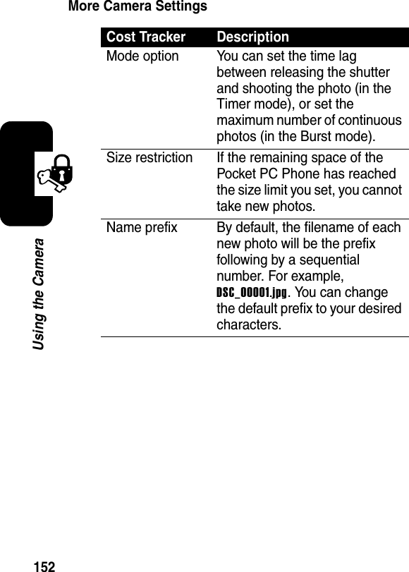 152Using the CameraMore Camera SettingsCost TrackerDescriptionMode option You can set the time lag between releasing the shutter and shooting the photo (in the Timer mode), or set the maximum number of continuous photos (in the Burst mode).Size restriction If the remaining space of the Pocket PC Phone has reached the size limit you set, you cannot take new photos.Name prefix By default, the filename of each new photo will be the prefix following by a sequential number. For example, DSC_00001.jpg. You can change the default prefix to your desired characters.