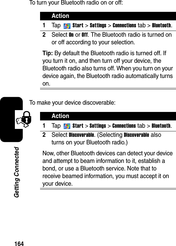 164Getting ConnectedTo turn your Bluetooth radio on or off:To make your device discoverable:Action1Ta p  Start &gt; Settings&gt;Connectionstab &gt;Bluetooth.2SelectOn or Off. The Bluetooth radio is turned on or off according to your selection.Tip: By default the Bluetooth radio is turned off. If you turn it on, and then turn off your device, the Bluetooth radio also turns off. When you turn on your device again, the Bluetooth radio automatically turns on.Action1Ta p  Start&gt; Settings &gt;Connections tab &gt; Bluetooth.2SelectDiscoverable. (Selecting Discoverable also turns on your Bluetooth radio.)Now, other Bluetooth devices can detect your device and attempt to beam information to it, establish a bond, or use a Bluetooth service. Note that to receive beamed information, you must accept it on your device.