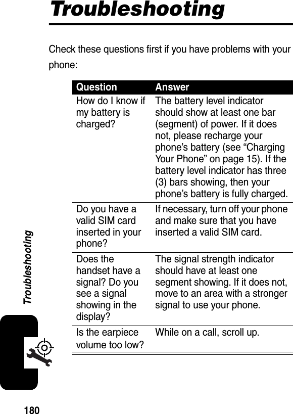 180TroubleshootingTroubleshootingCheck these questions first if you have problems with your phone:Question AnswerHow do I know if my battery is charged?The battery level indicator should show at least one bar (segment) of power. If it does not, please recharge your phone’s battery (see “Charging Your Phone” on page 15). If the battery level indicator has three (3) bars showing, then your phone’s battery is fully charged.Do you have a valid SIM card inserted in your phone?If necessary, turn off your phone and make sure that you have inserted a valid SIM card.Does the handset have a signal? Do you see a signal showing in the display?The signal strength indicator should have at least one segment showing. If it does not, move to an area with a stronger signal to use your phone.Is the earpiece volume too low?While on a call, scroll up.