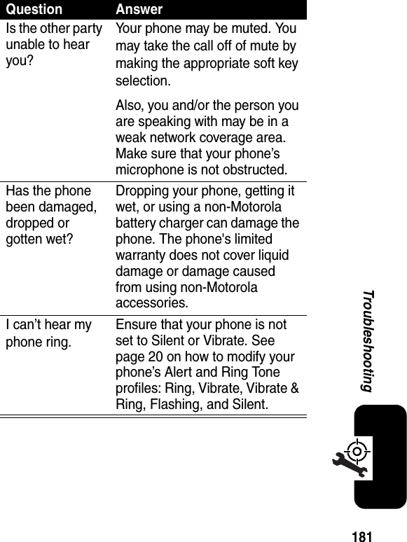 181TroubleshootingQuestion AnswerIs the other party unable to hear you?Your phone may be muted. You may take the call off of mute by making the appropriate soft key selection.Also, you and/or the person you are speaking with may be in a weak network coverage area. Make sure that your phone’s microphone is not obstructed.Has the phone been damaged, dropped or gotten wet?Dropping your phone, getting it wet, or using a non-Motorola battery charger can damage the phone. The phone&apos;s limited warranty does not cover liquid damage or damage caused from using non-Motorola accessories.I can’t hear my phone ring.Ensure that your phone is not set to Silent or Vibrate. See page 20 on how to modify your phone’s Alert and Ring Tone profiles: Ring, Vibrate, Vibrate &amp; Ring, Flashing, and Silent.