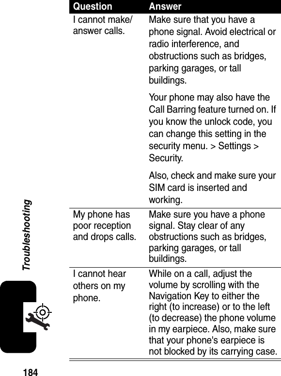 184TroubleshootingQuestion AnswerI cannot make/answer calls.Make sure that you have a phone signal. Avoid electrical or radio interference, and obstructions such as bridges, parking garages, or tall buildings.Your phone may also have the Call Barring feature turned on. If you know the unlock code, you can change this setting in the security menu. &gt; Settings &gt; Security.Also, check and make sure your SIM card is inserted and working.My phone has poor reception and drops calls.Make sure you have a phone signal. Stay clear of any obstructions such as bridges, parking garages, or tall buildings.I cannot hear others on my phone.While on a call, adjust the volume by scrolling with the Navigation Key to either the right (to increase) or to the left (to decrease) the phone volume in my earpiece. Also, make sure that your phone&apos;s earpiece is not blocked by its carrying case.